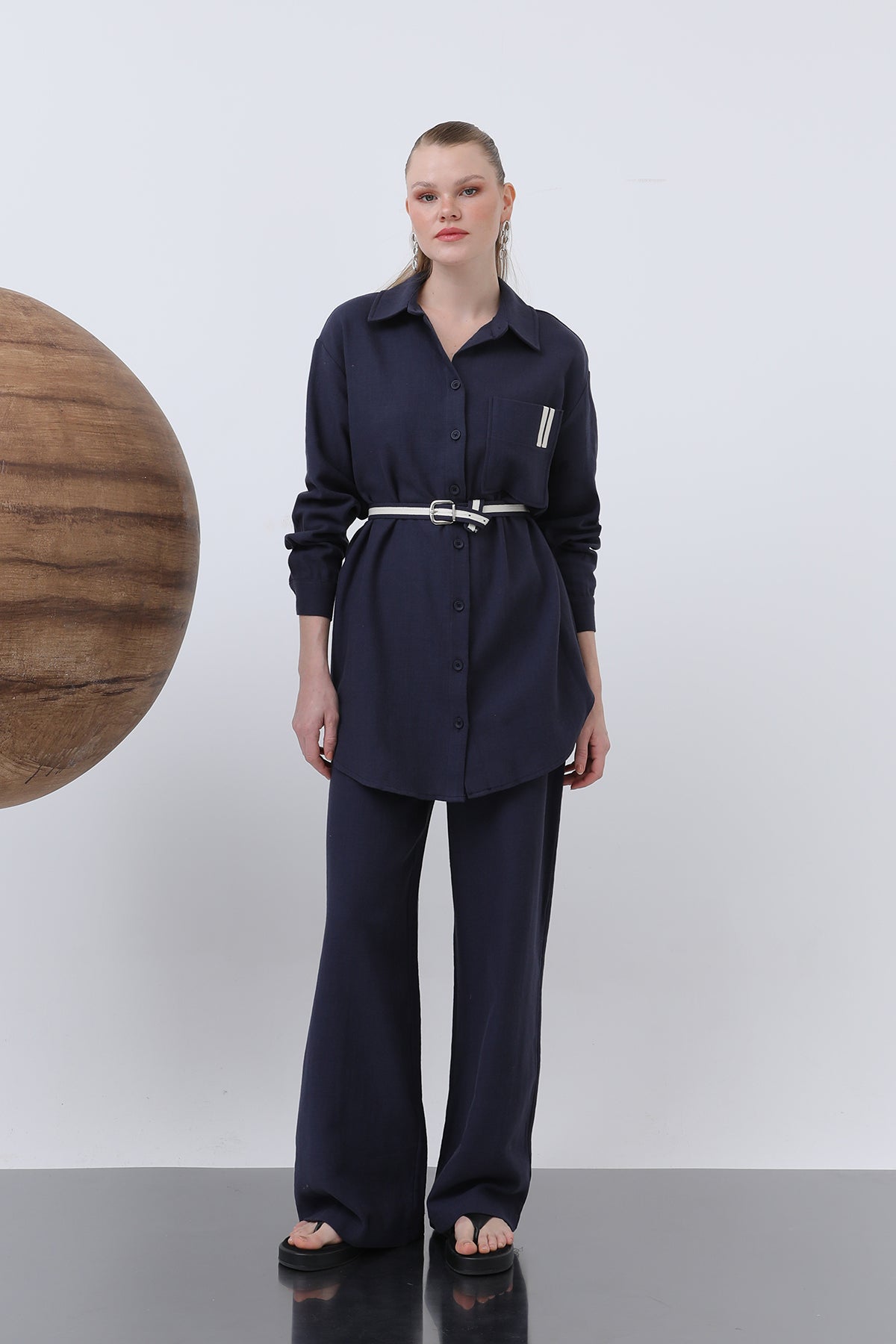 Kadın Beli Büzgülü Ve Cep Detaylı Gömlek Ve Pantolonlu Takım - 14313TKS - NAVY