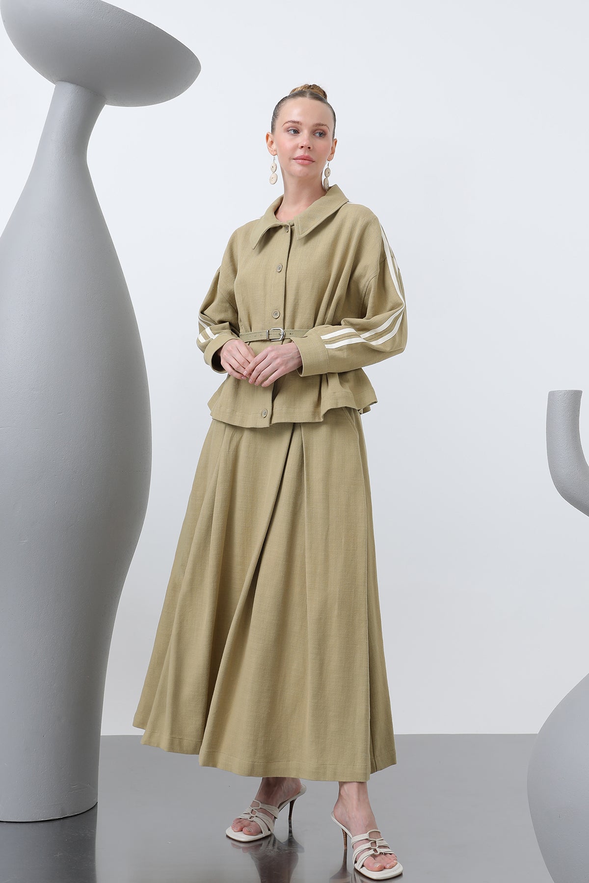 Kadın Beli Kemerli Etekli Takım - 14314TKS - LIGHT KHAKI