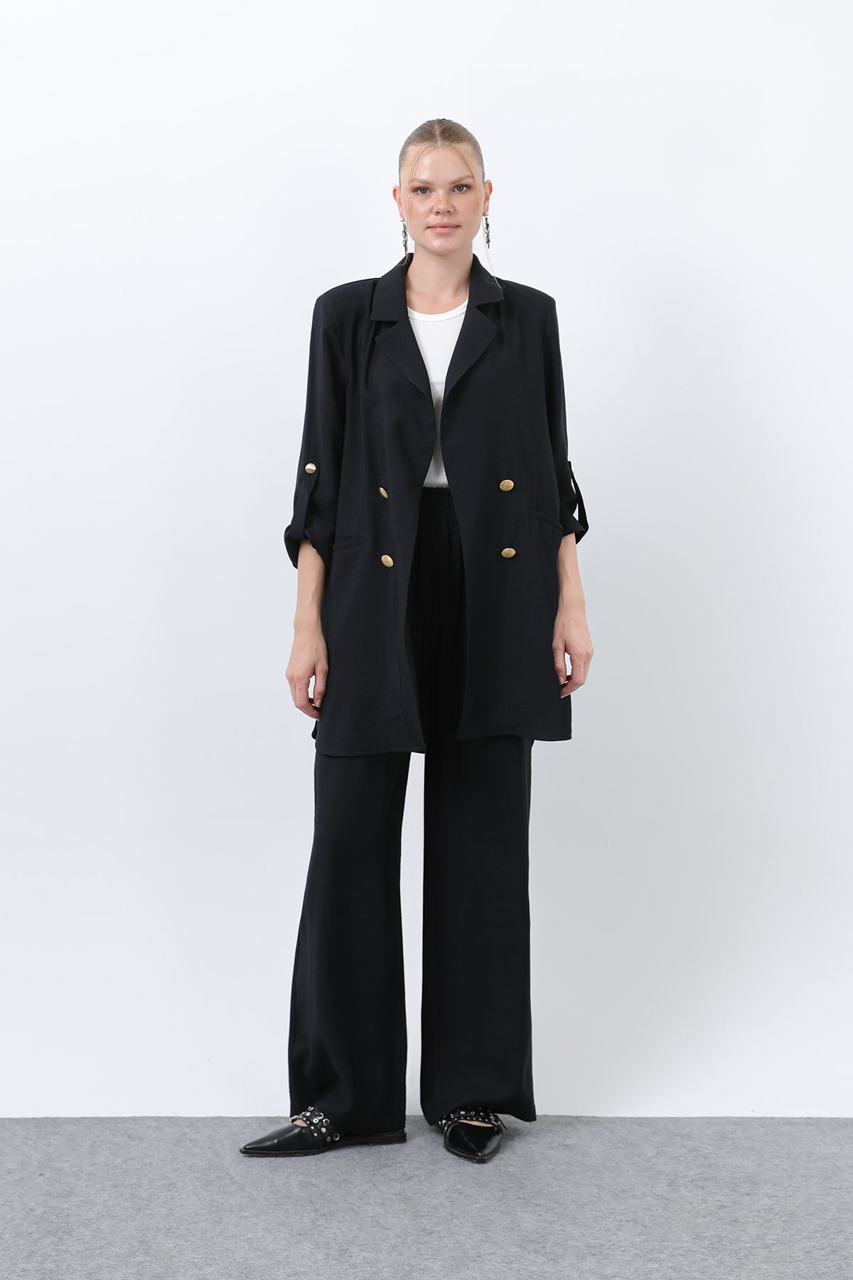 Kadın Düğme Detaylı Pantolonlu Blazer Ceket Takım - 14321TKM - BLACK