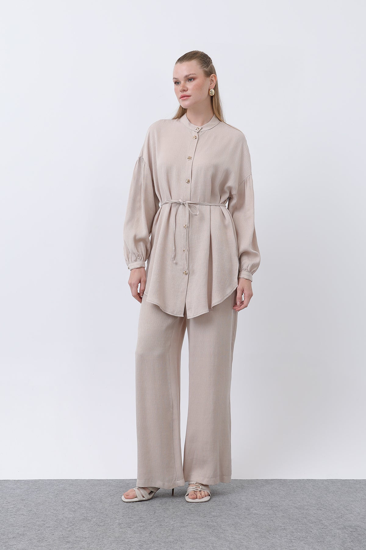 Kadın Düğme Detaylı Hakim Yaka Tunik Takım - 14329TKS - BEIGE