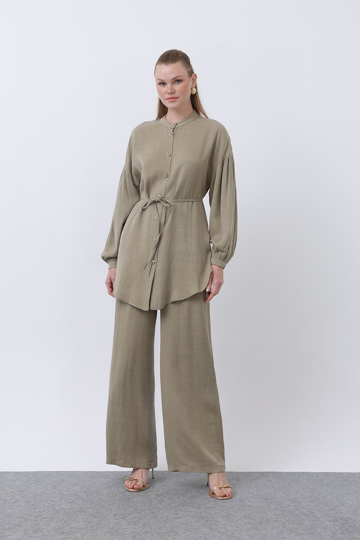 Kadın Düğme Detaylı Hakim Yaka Tunik Takım - 14329TKS - KHAKI