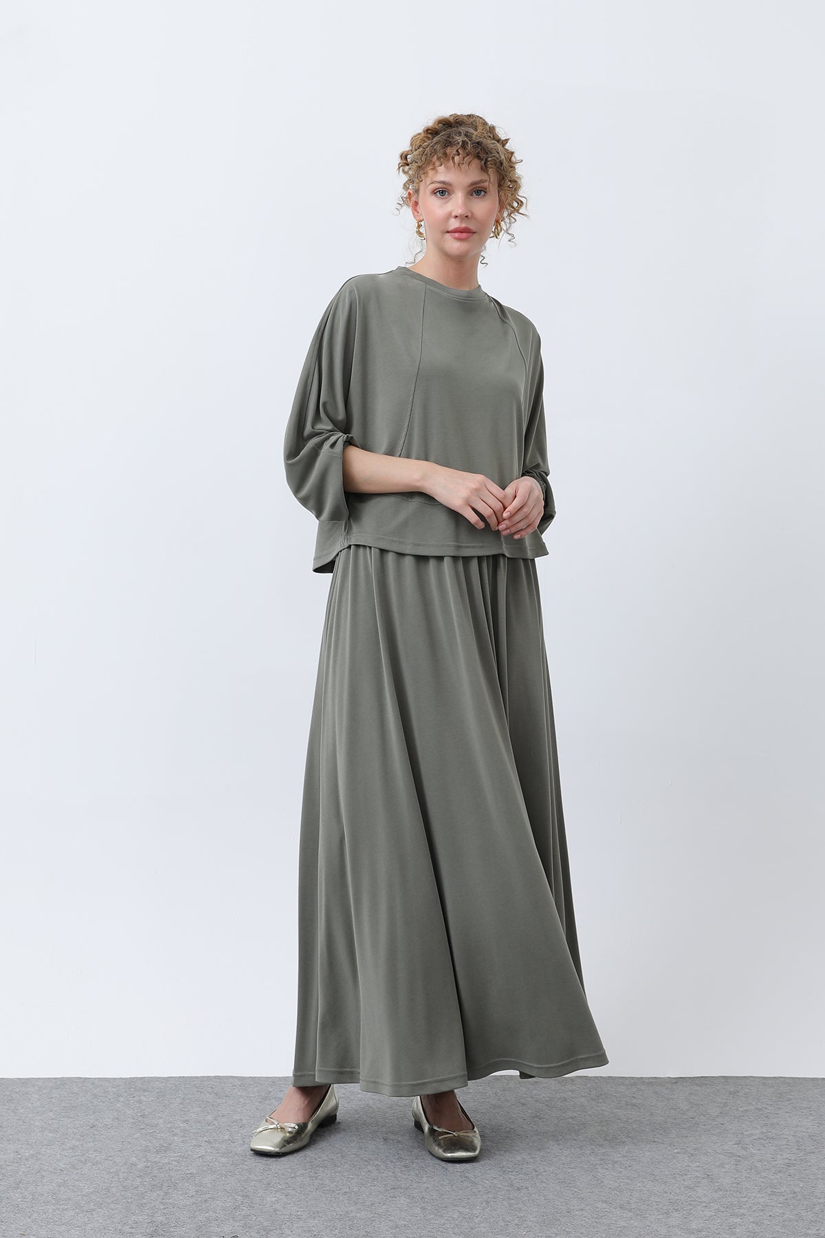 Kadın Önü Dikiş Detaylı Etekli Takım - 14343TKS - KHAKI