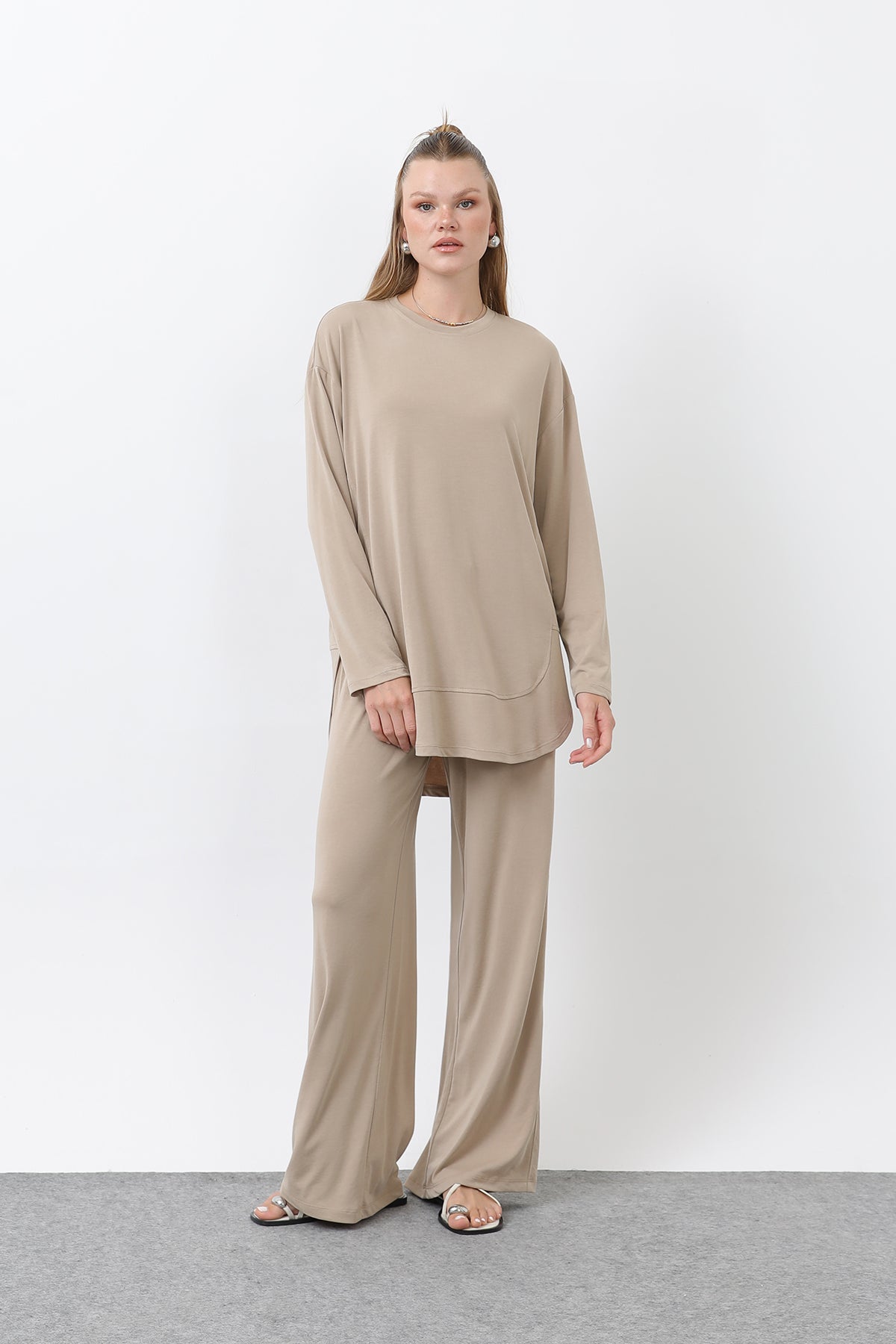 Kadın Önü Dikiş Detaylı Pantolonlu Takım - 14344TKS - BROWN