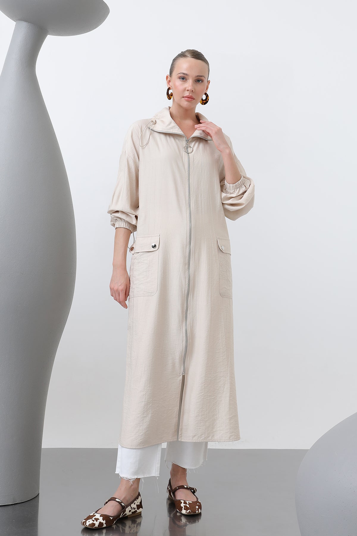 Kadın Geniş Yakalı Cep Detaylı Fermuarlı Kap - 15202HRK - BEIGE