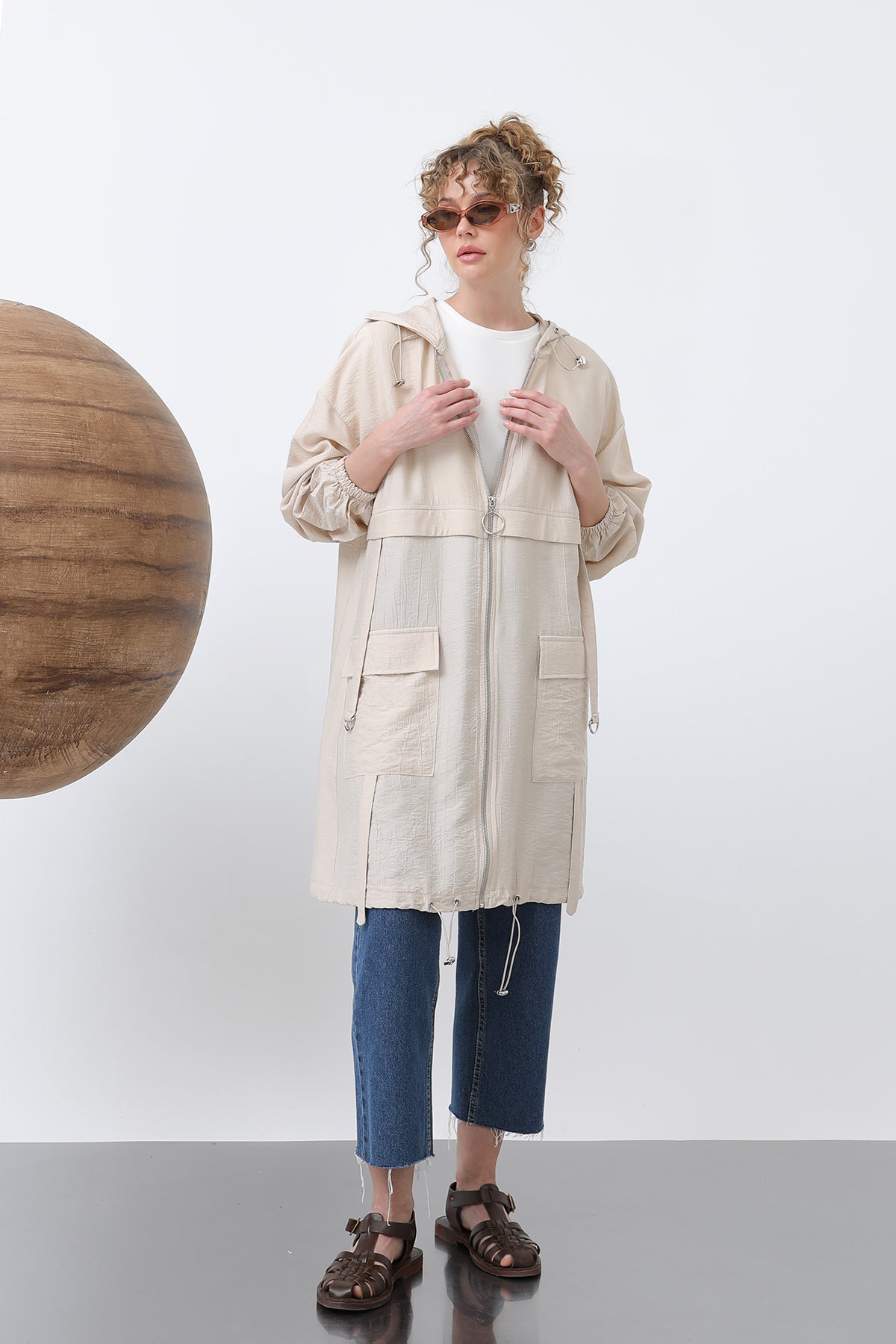 Kadın Fermuar Ve Cep Detaylı Kapüşonlu Tunik - 15203TUN - BEIGE