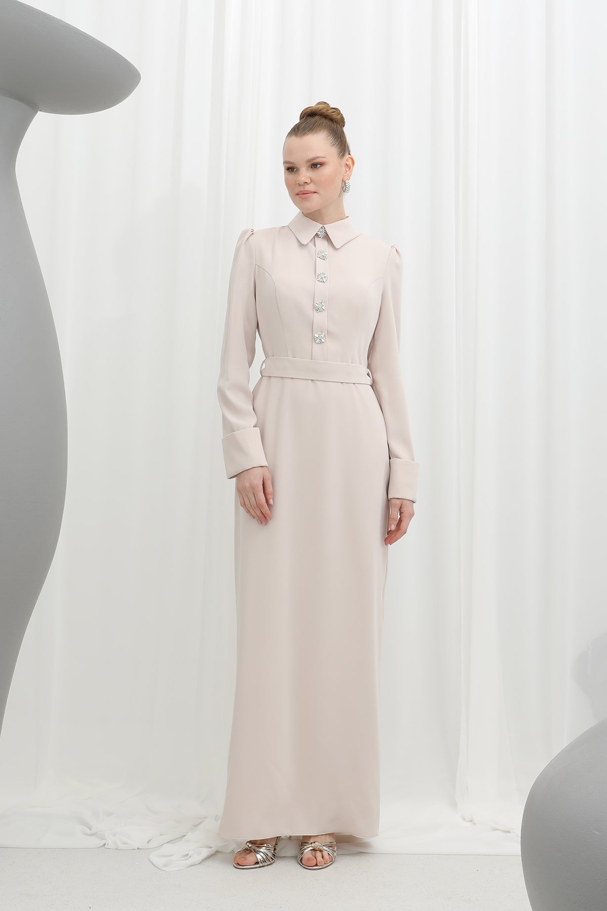 Kadın Zamansız Elegans Taş Detaylı Mono Abiye -17009 - BEIGE