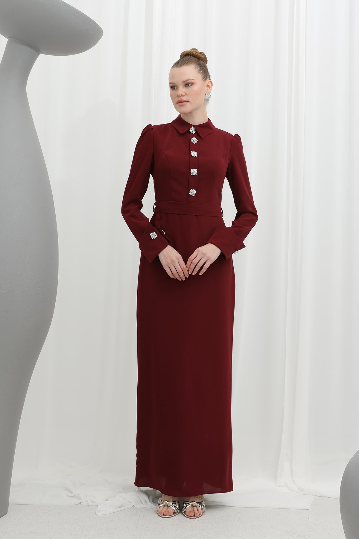 Kadın Zamansız Elegans Taş Detaylı Mono Abiye -17009 - BURGUNDY