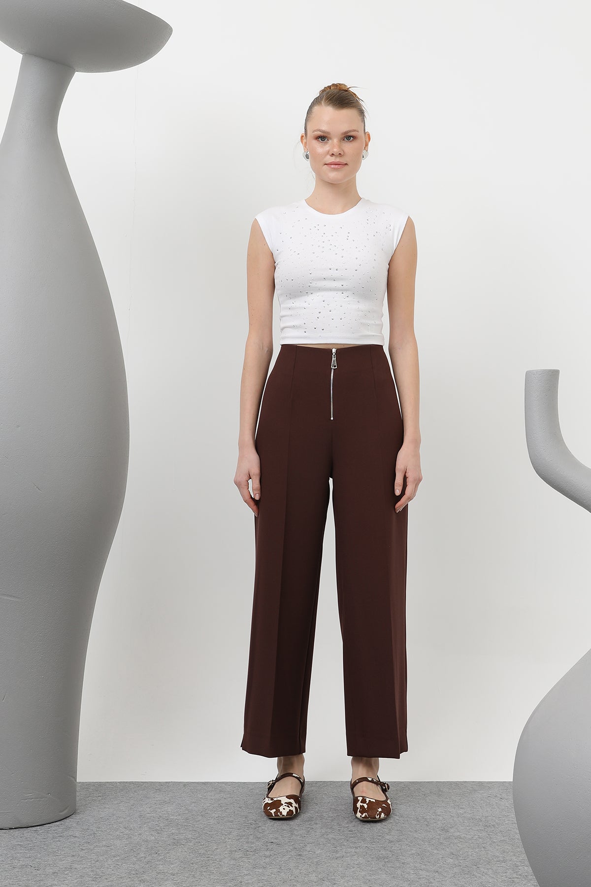 Kadın Fermuar Detaylı Pensli Pantolon- 18228PNT - BROWN