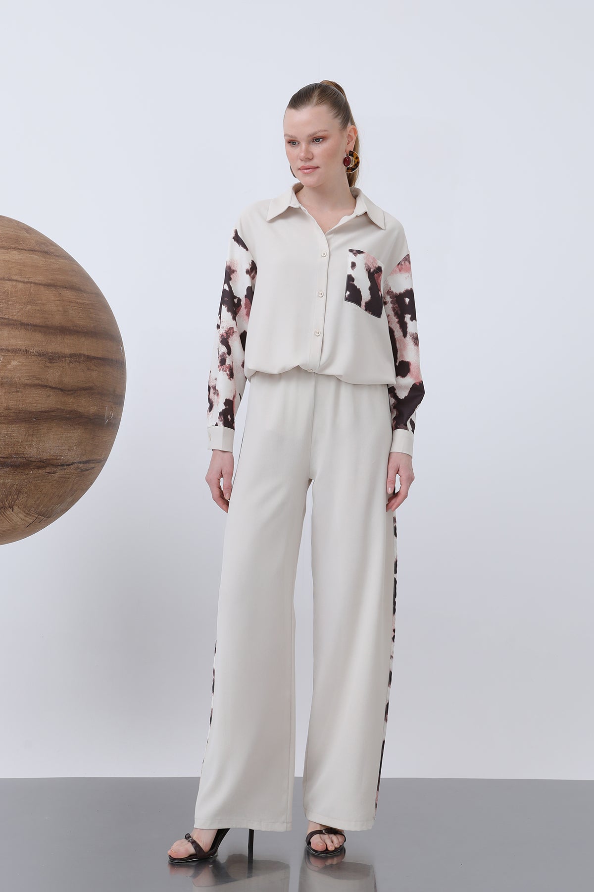 Kadın Beli Lastikli Biye Detaylı Bol Pantolon - 18236PNT - BEIGE