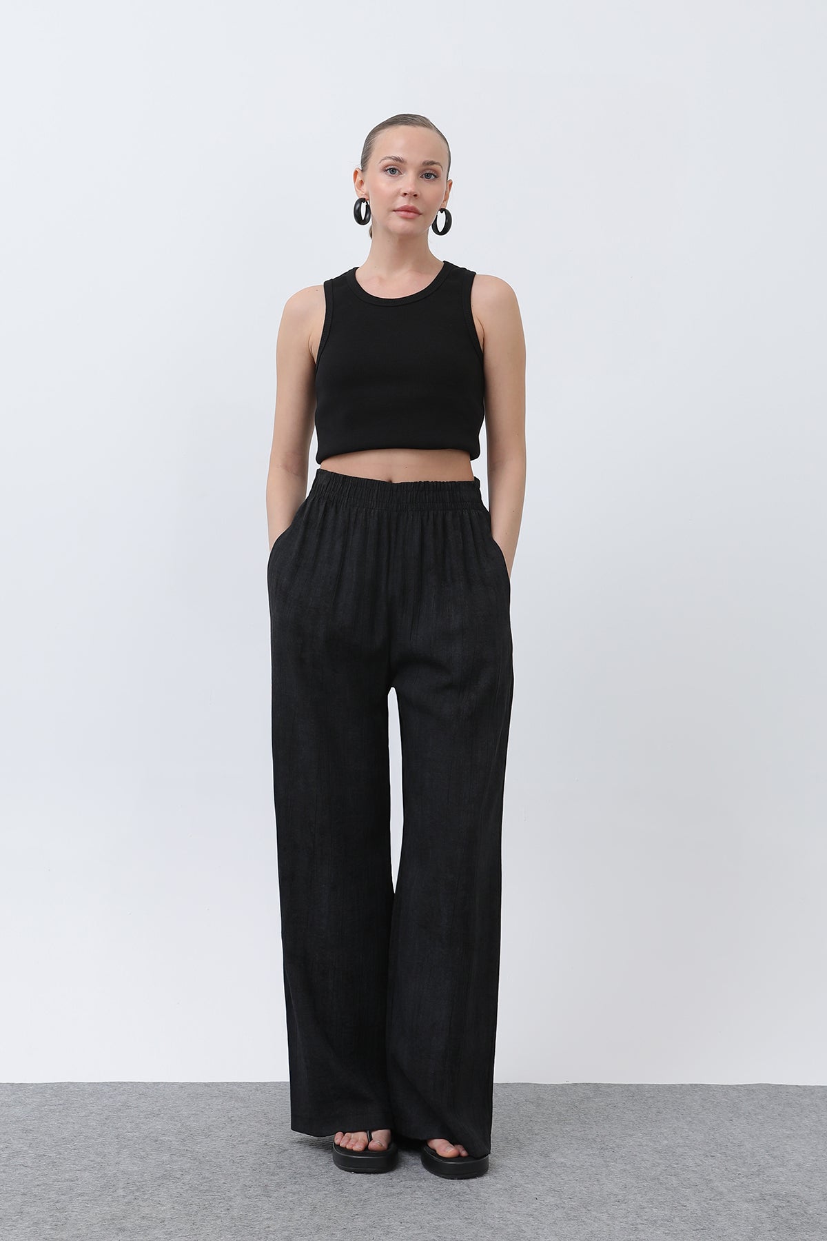 Kadın Beli Lastikli Bol Pantolon - 18238PNT - BLACK