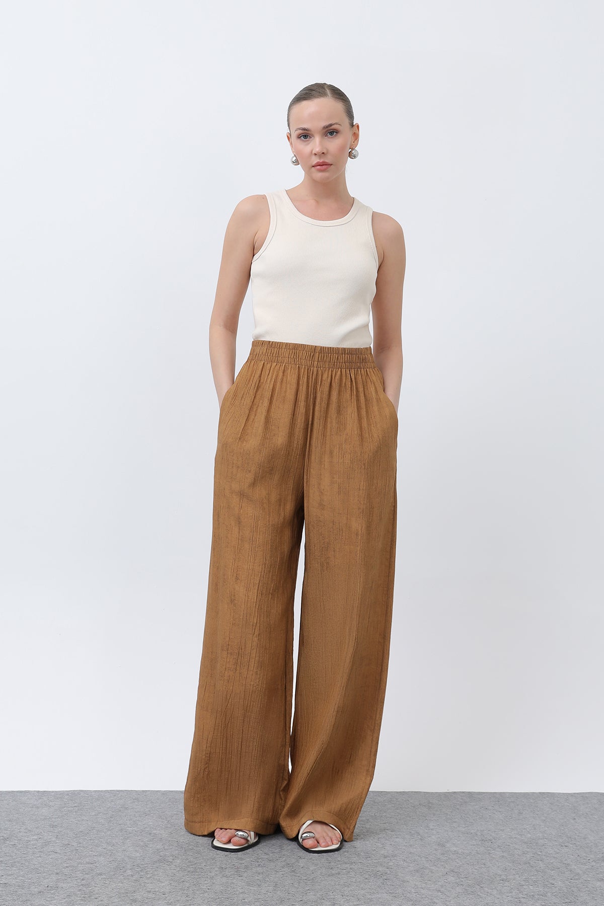 Kadın Beli Lastikli Bol Pantolon - 18238PNT - CAMEL