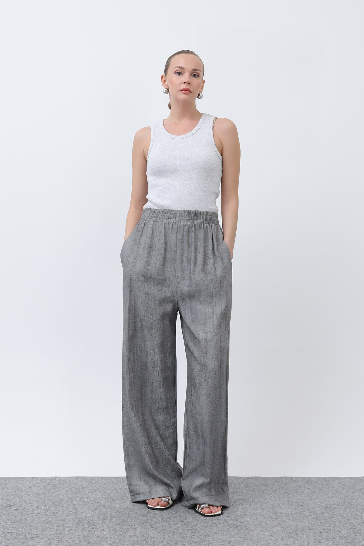 Kadın Beli Lastikli Bol Pantolon - 18238PNT - GREY