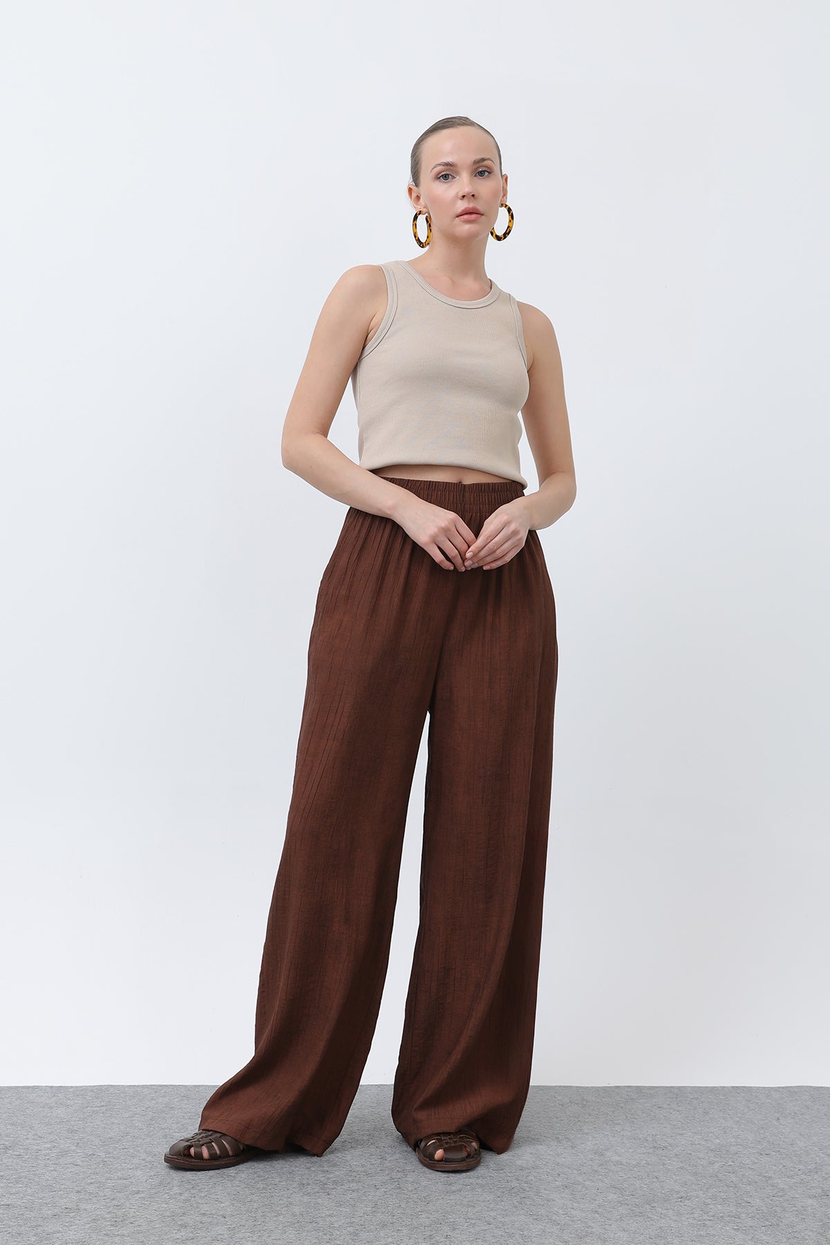 Kadın Beli Lastikli Bol Pantolon - 18238PNT - BROWN