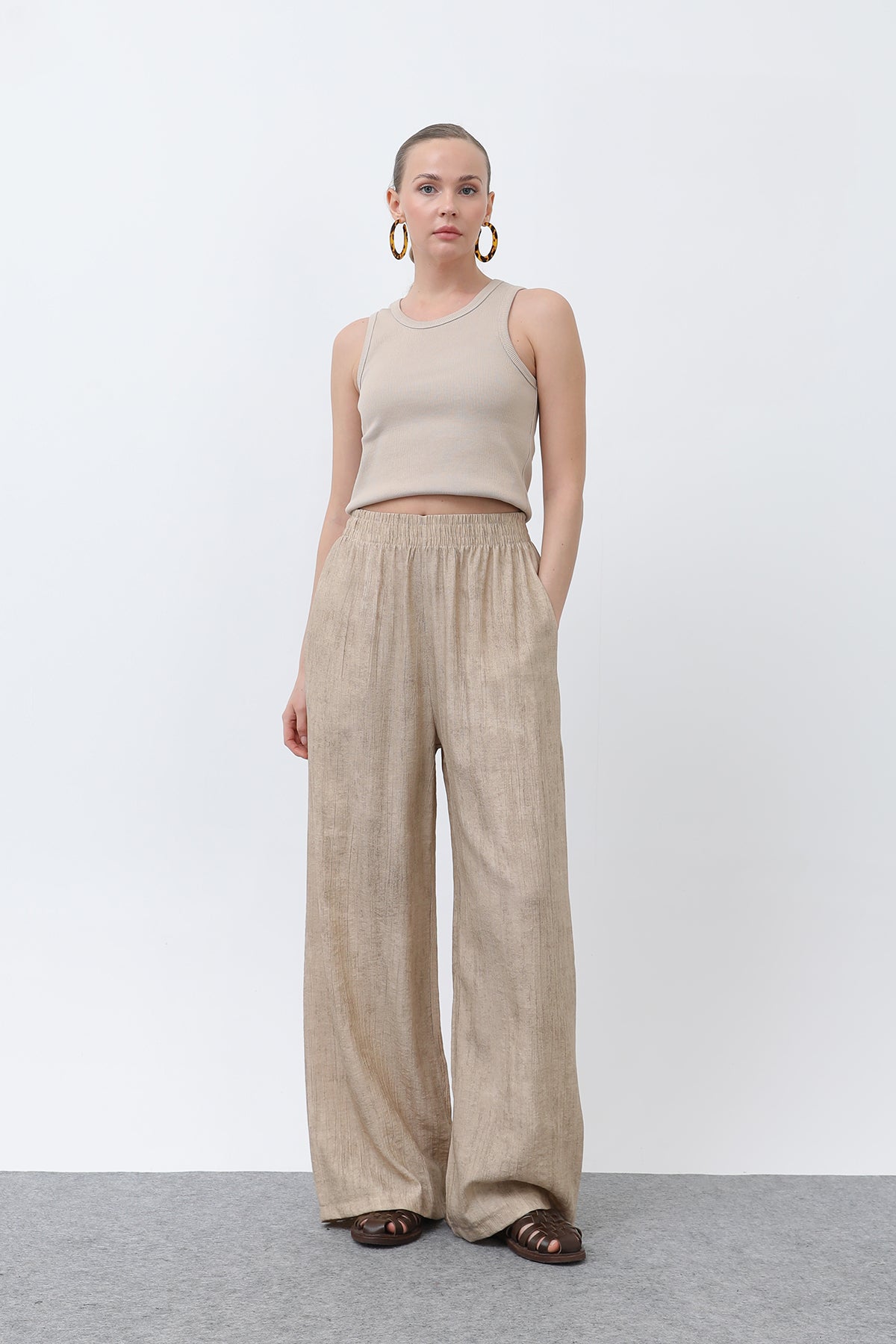 Kadın Beli Lastikli Bol Pantolon - 18238PNT - BEIGE