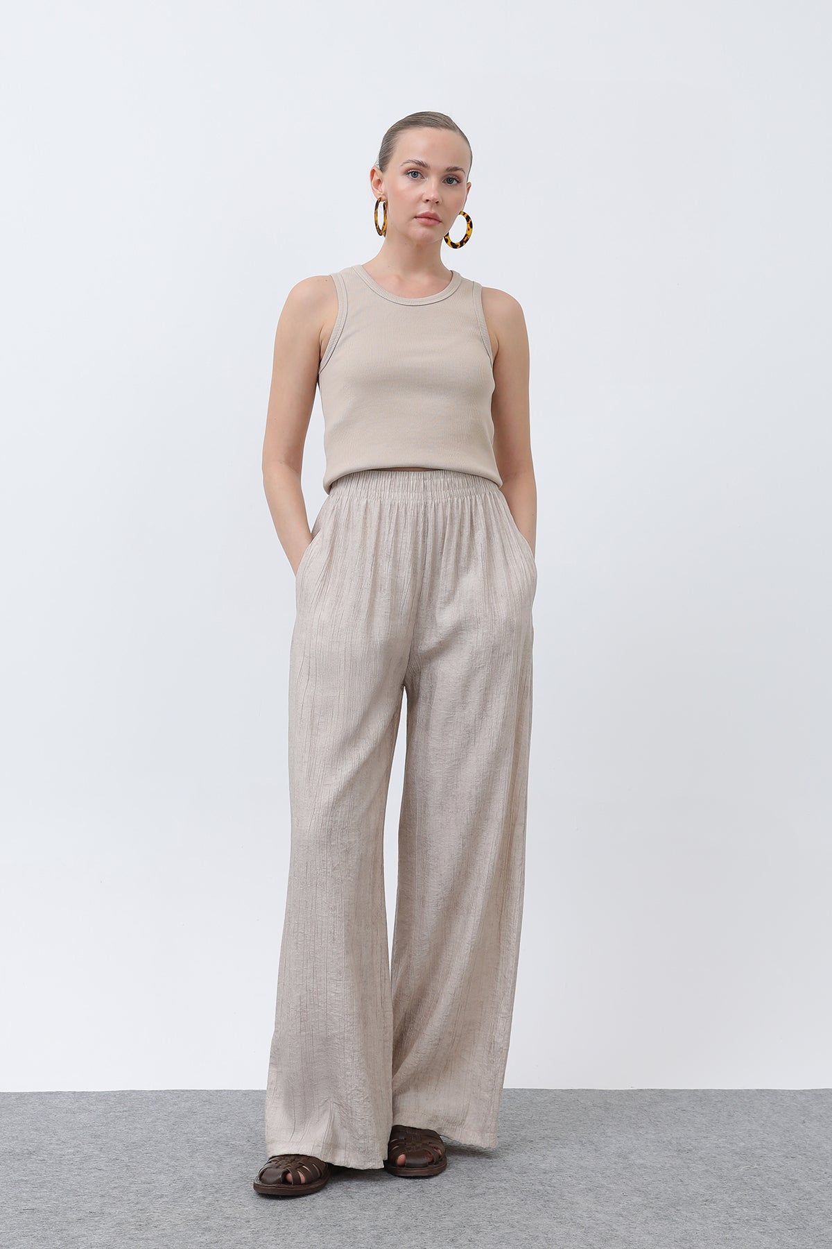 Kadın Beli Lastikli Bol Pantolon - 18238PNT - STONE