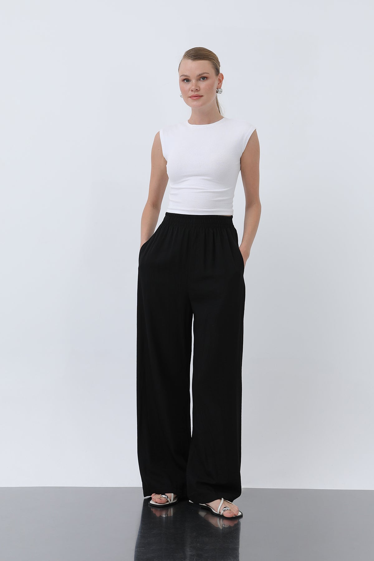 Kadın Beli Lastikli Bol Pantolon - 18239PNT - BLACK