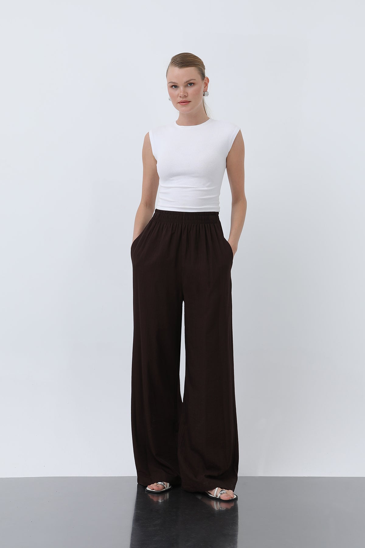 Kadın Beli Lastikli Bol Pantolon - 18239PNT - BROWN