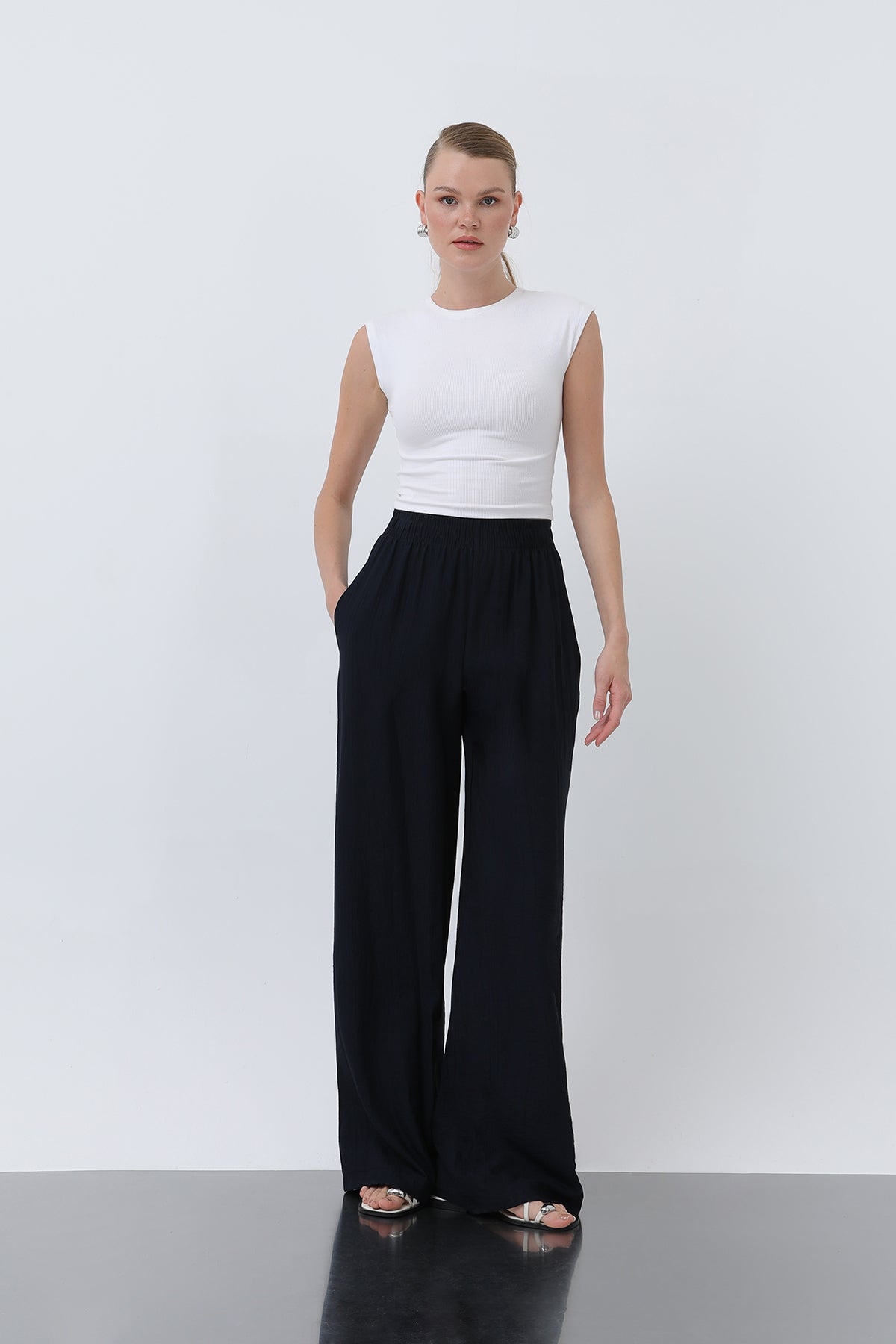 Kadın Beli Lastikli Bol Pantolon - 18239PNT - NAVY