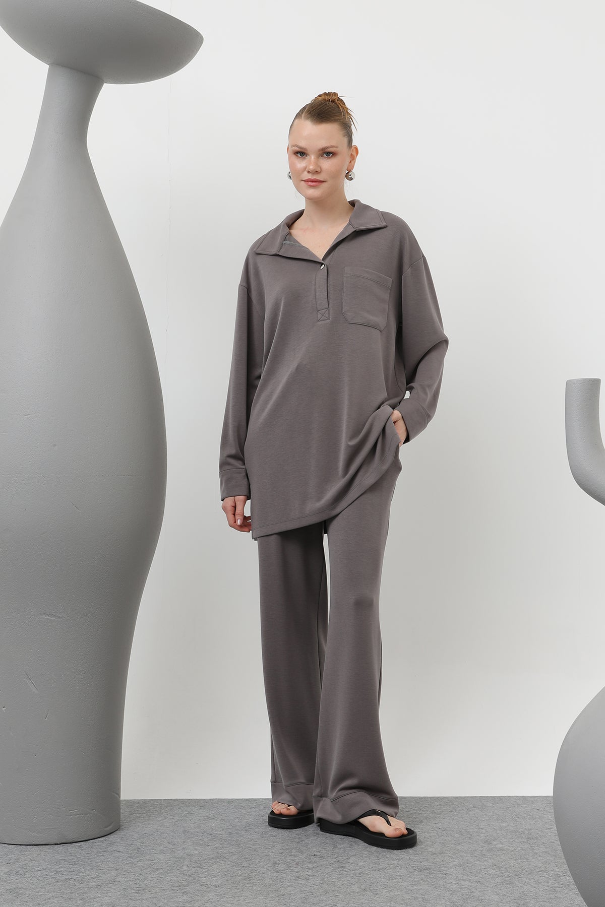 Kadın Yakası Çıtçıtlı Cep Detaylı Pantolonlu Takım - 20605TKS - ANTRACITE