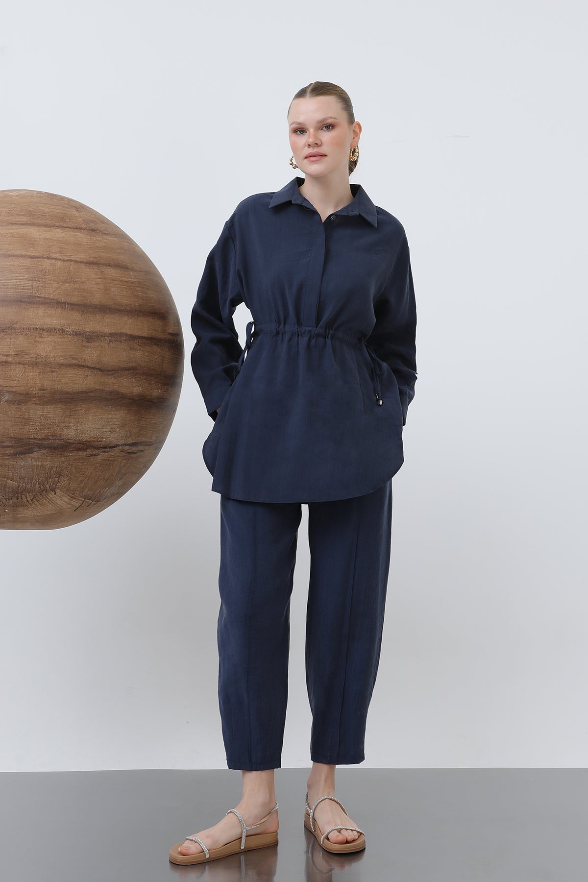 Kadın Beli Büzgülü Gizli Patlı Pantolonlu Takım - 20610TKS - NAVY