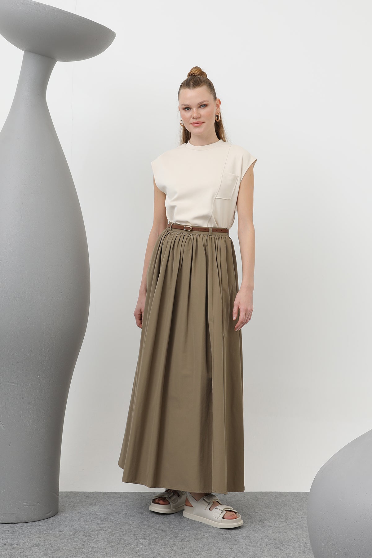 Kadın Kemerli Uzun Etek - 20611ETK - KHAKI
