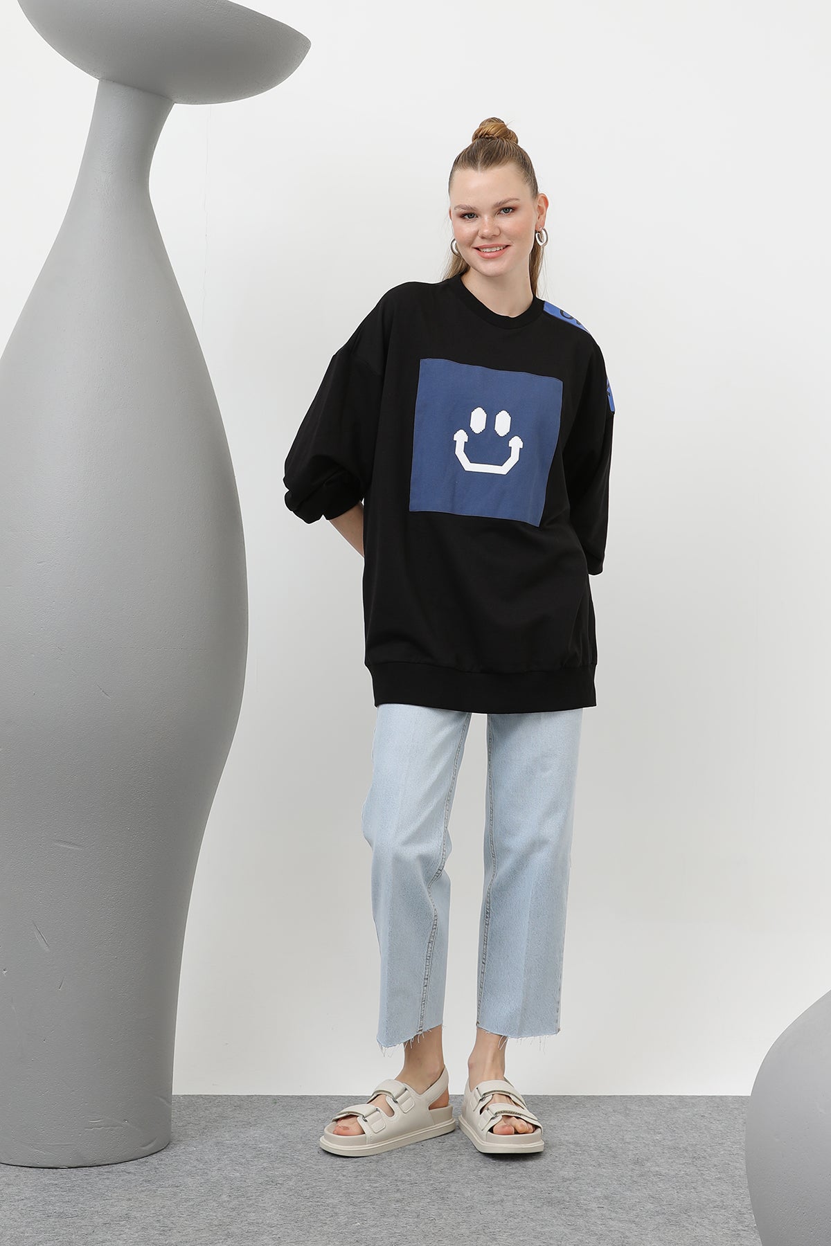 Kadın Önü Gülücük Baskılı Ve Garnili Tunik - 20623TUN - BLACK-INDIGO