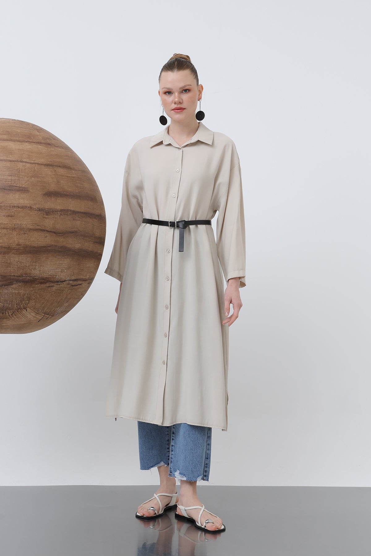 Kadın Uzun Kemer Detaylı Gömlek Elbise - 20629ELB - BEIGE
