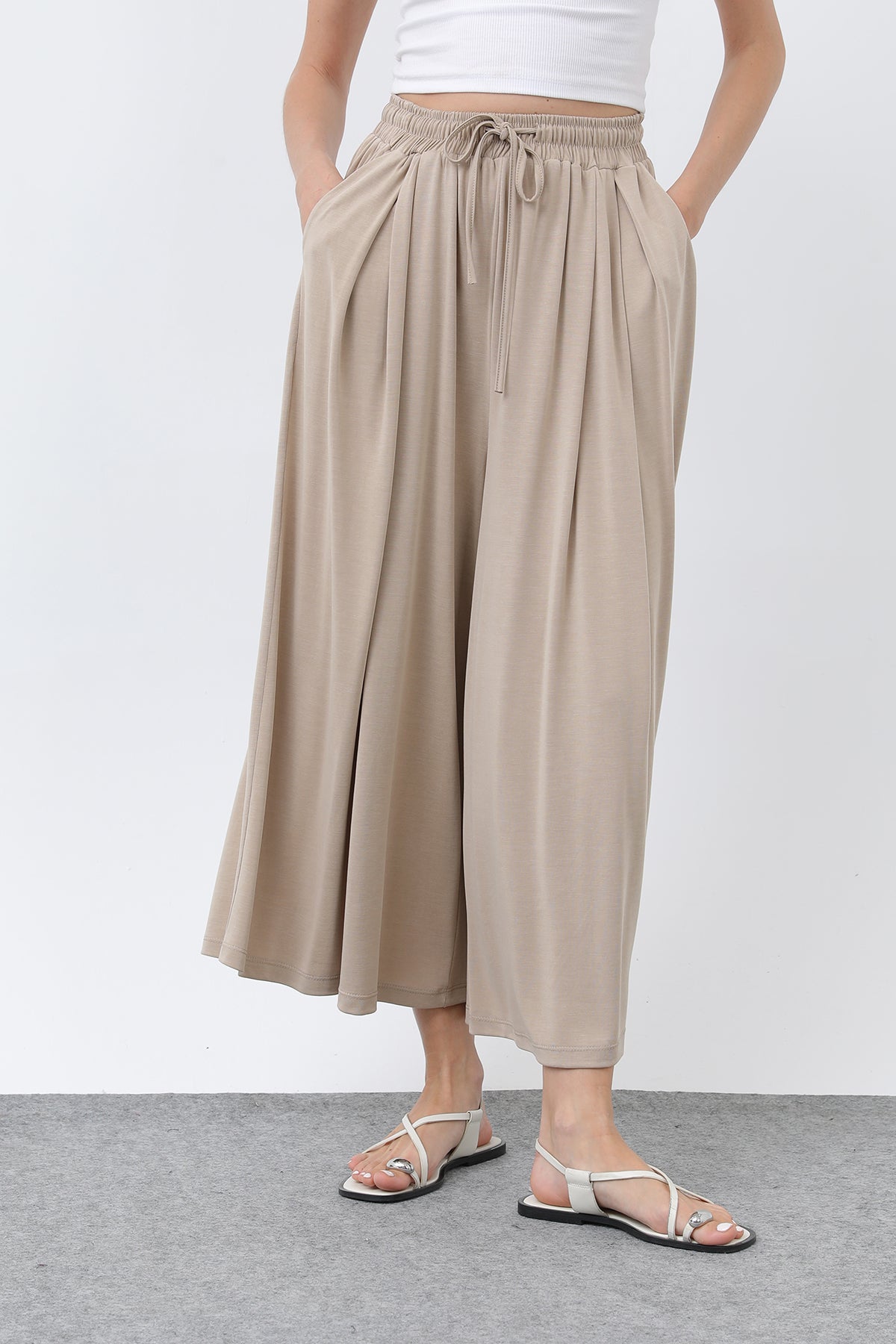 Kadın Beli Kuşaklı Etek Görünümlü Pantolon - 20664PNT - BEIGE
