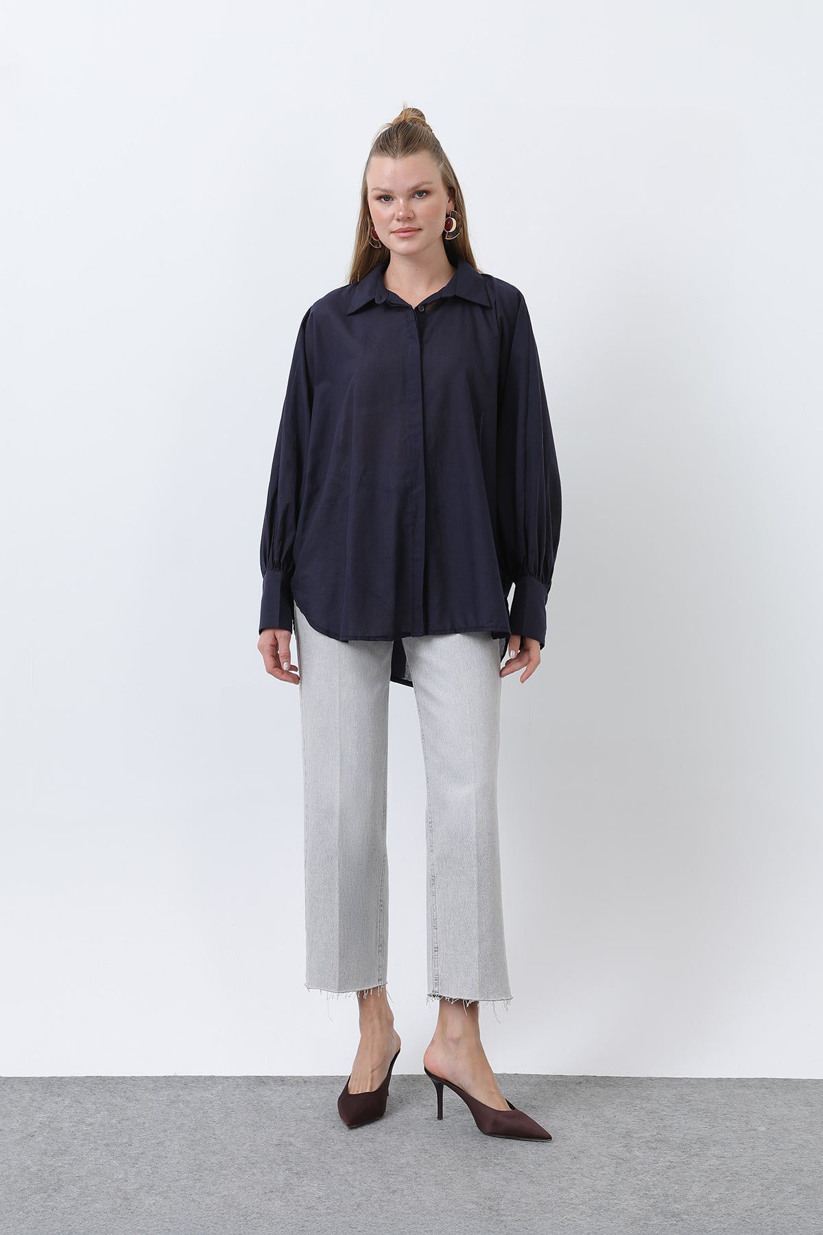 Kadın Volanlı Oversize Pamuk Poplin Gömlek-20665GML - NAVY