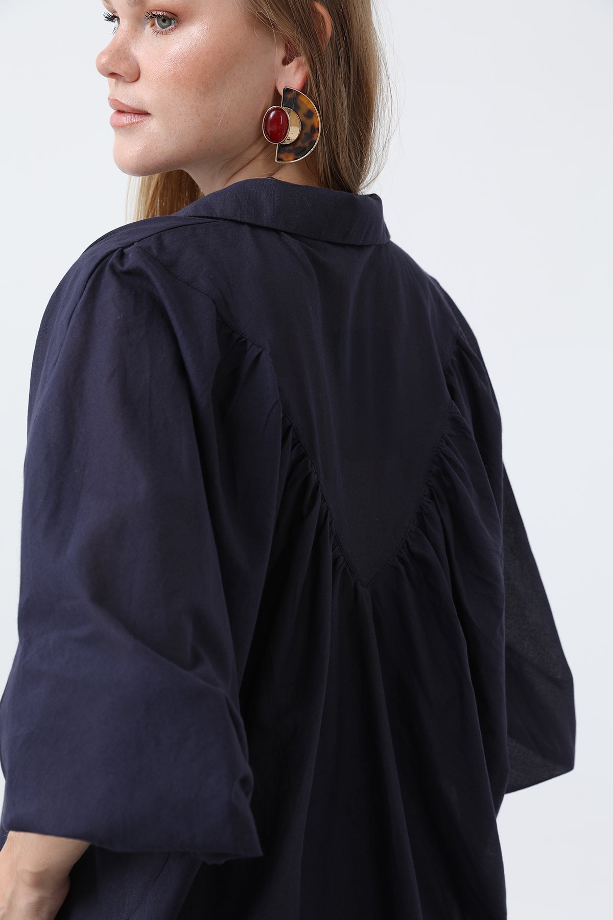 Kadın Volanlı Oversize Pamuk Poplin Gömlek-20665GML