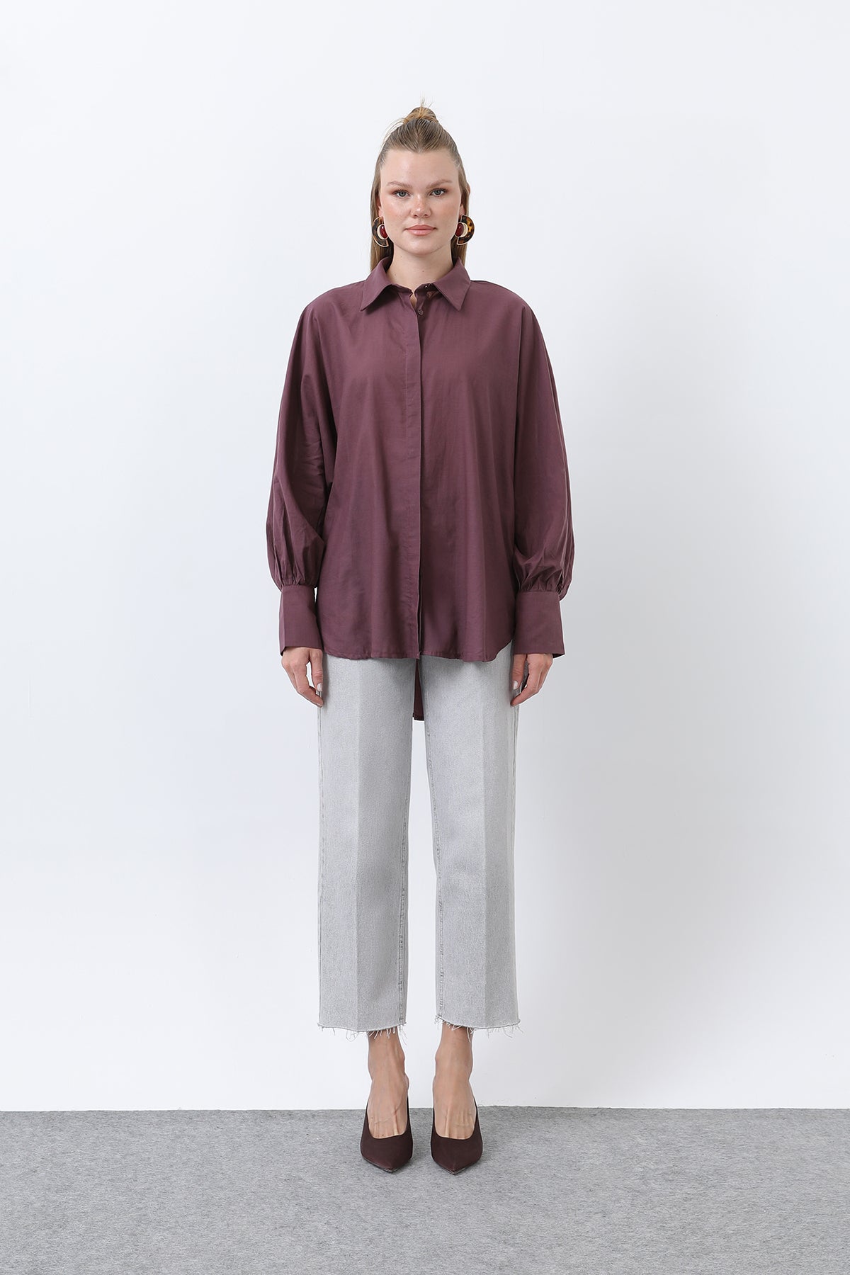 Kadın Volanlı Oversize Pamuk Poplin Gömlek-20665GML