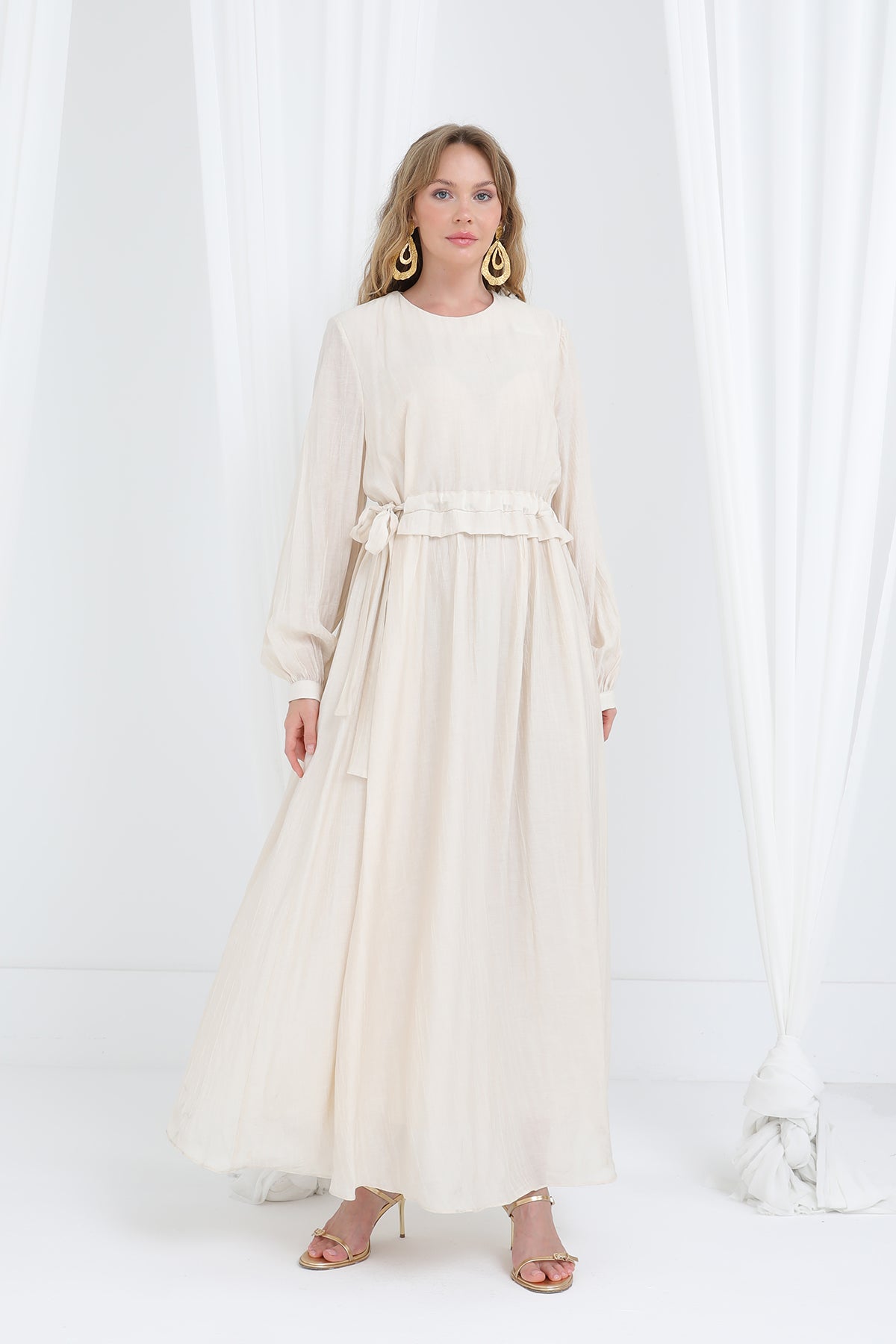 Kadın Beli Büzgülü Uzun Elbise -20666ELB - BEIGE