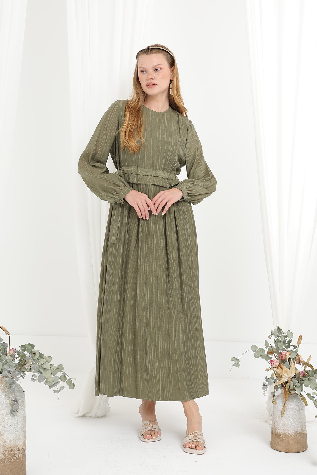 Kadın Beli Büzgülü Uzun Elbise -20666ELB - KHAKI
