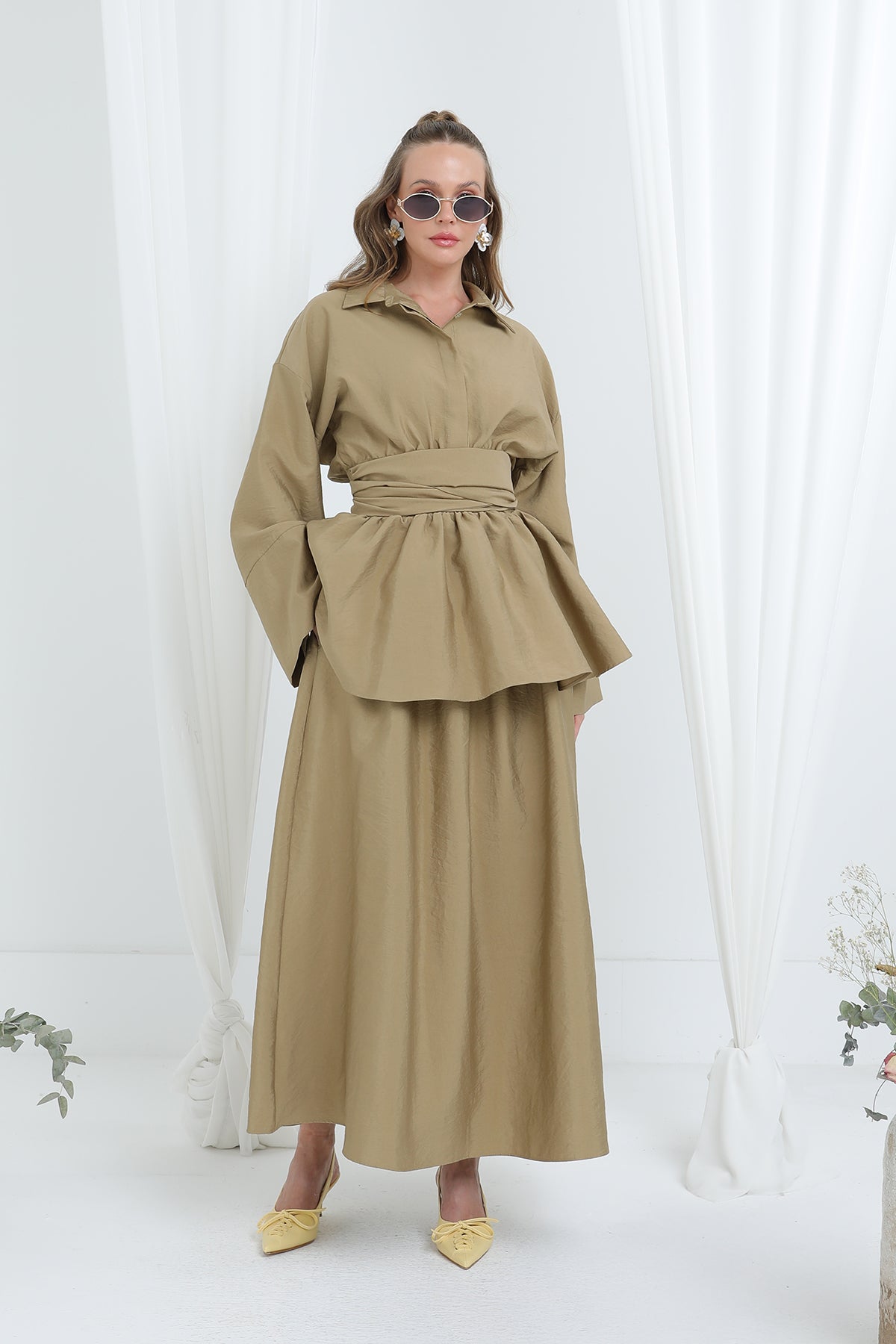 Kadın Luna Kuşaklı Minimal Etekli Takım -20682TKS - MINK