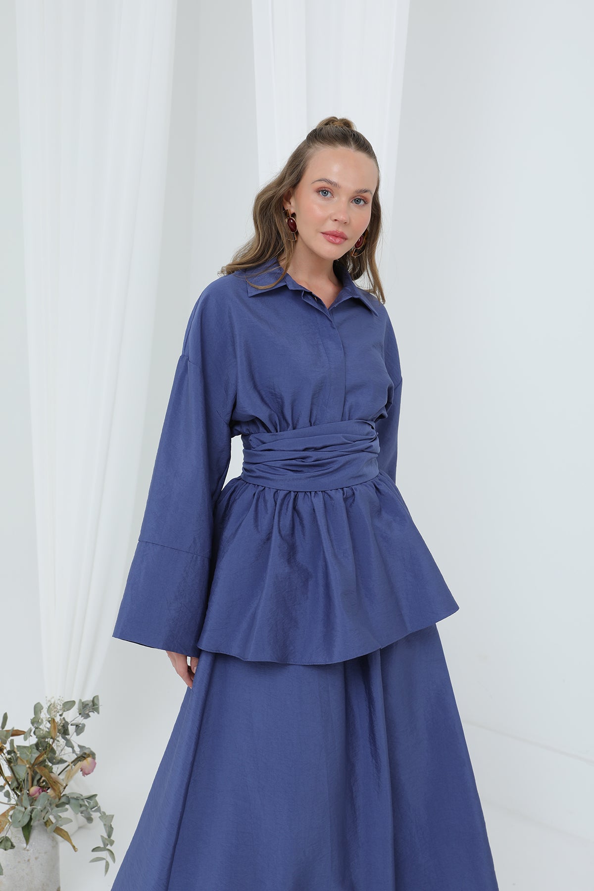 Kadın Luna Kuşaklı Minimal Etekli Takım -20682TKS - INDIGO