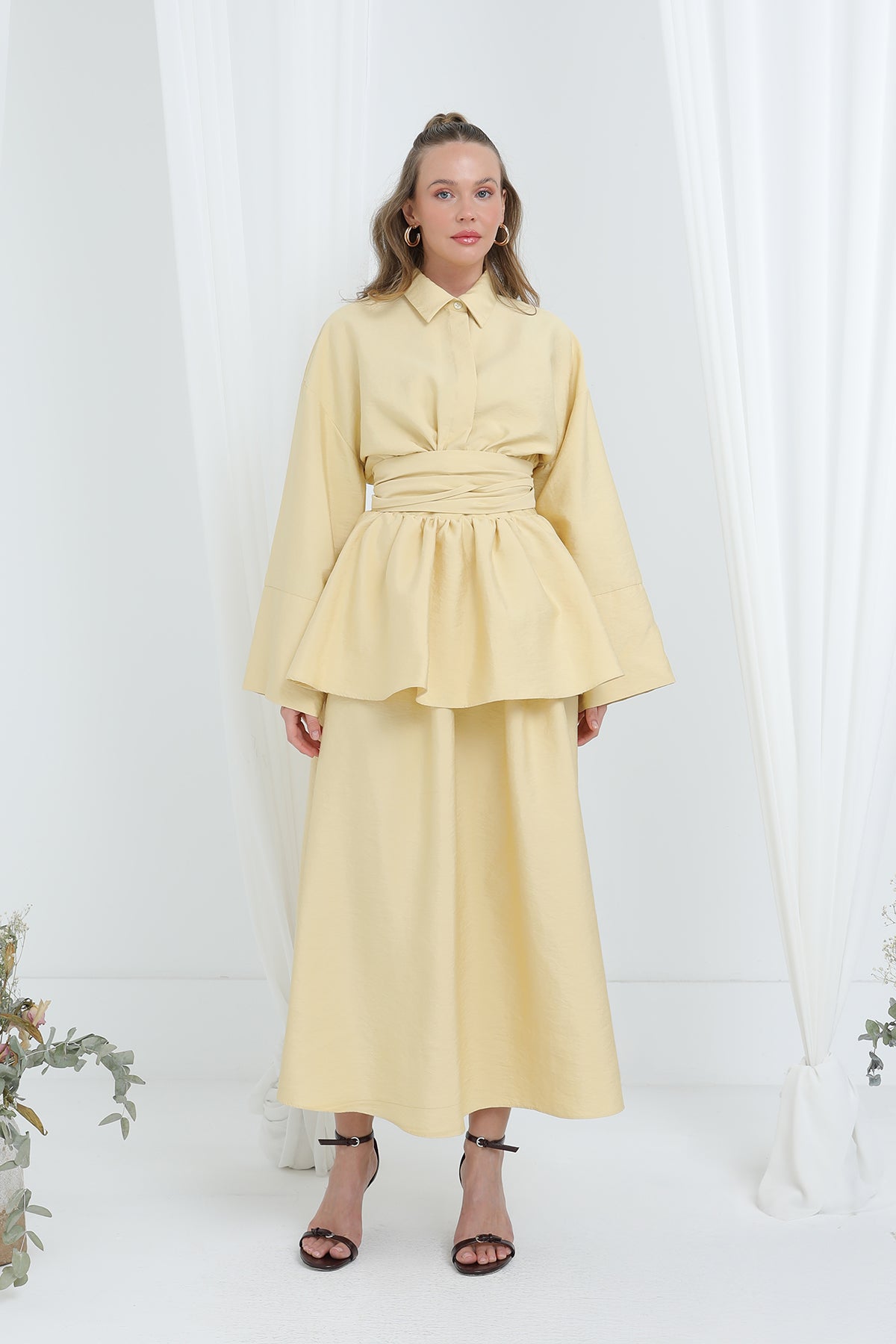 Kadın Luna Kuşaklı Minimal Etekli Takım -20682TKS - YELLOW