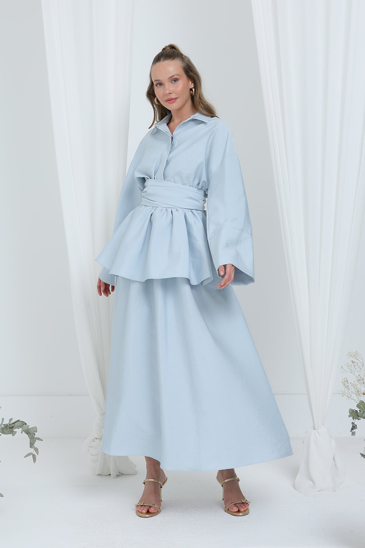 Kadın Luna Kuşaklı Minimal Etekli Takım -20682TKS - BLUE