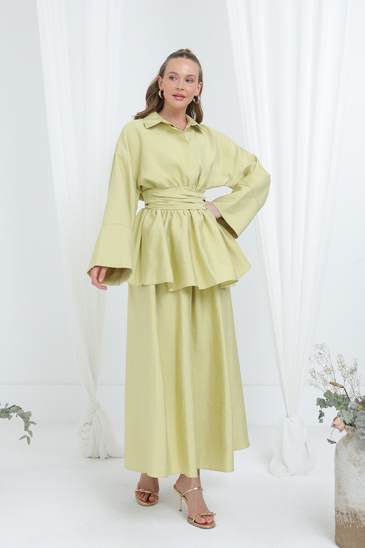 Kadın Luna Kuşaklı Minimal Etekli Takım -20682TKS - OLIVE