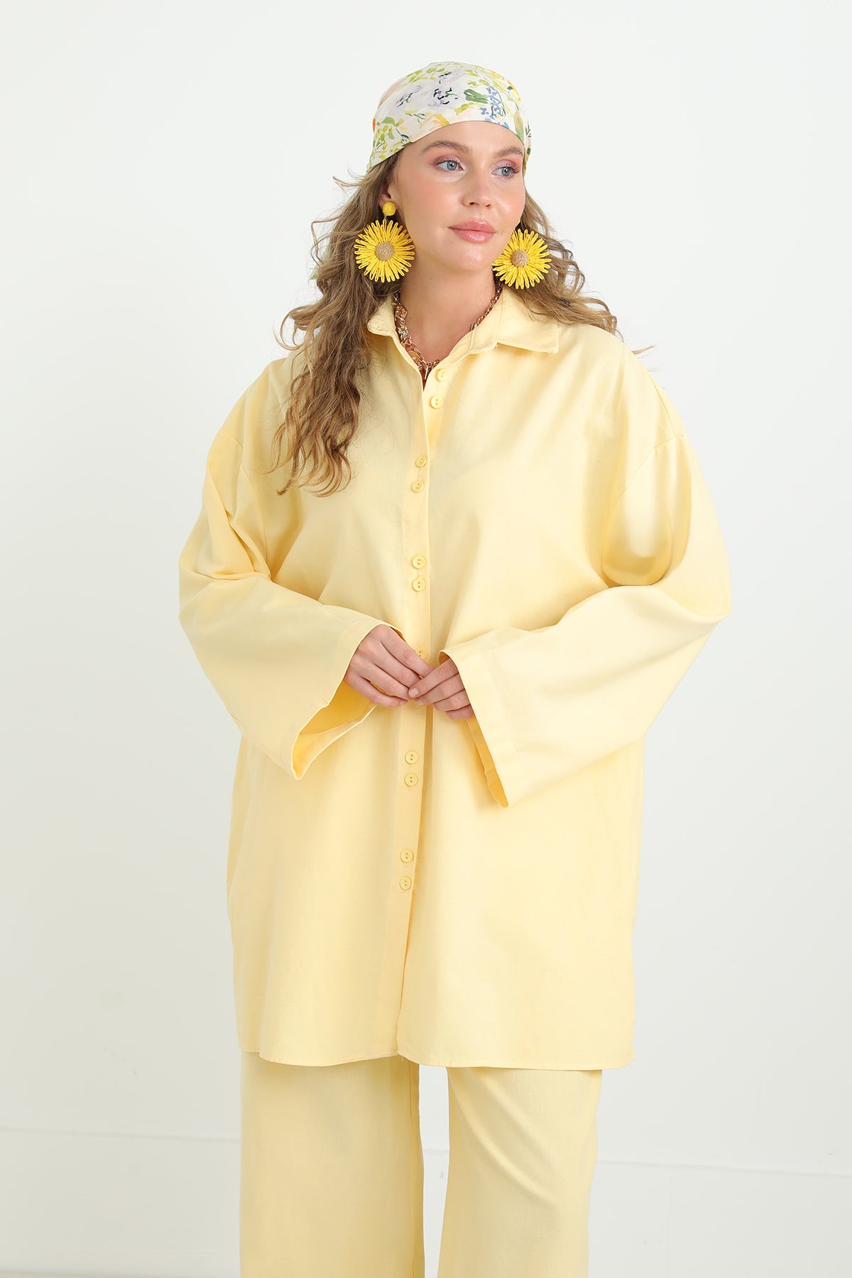 Kadın Düğme Detaylı Oversize Gömlekli Takım-20694TKS