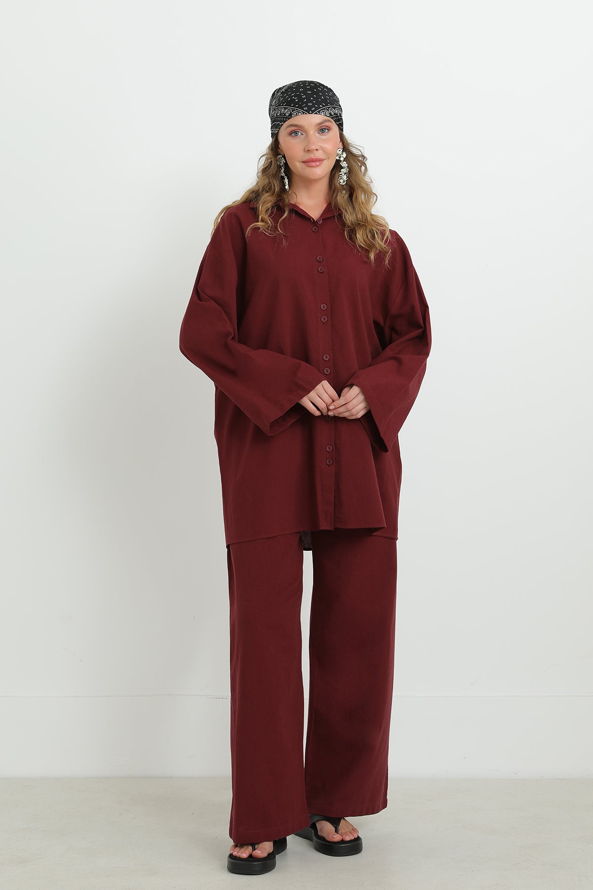 Kadın Düğme Detaylı Oversize Gömlekli Takım-20694TKS - BURGUNDY