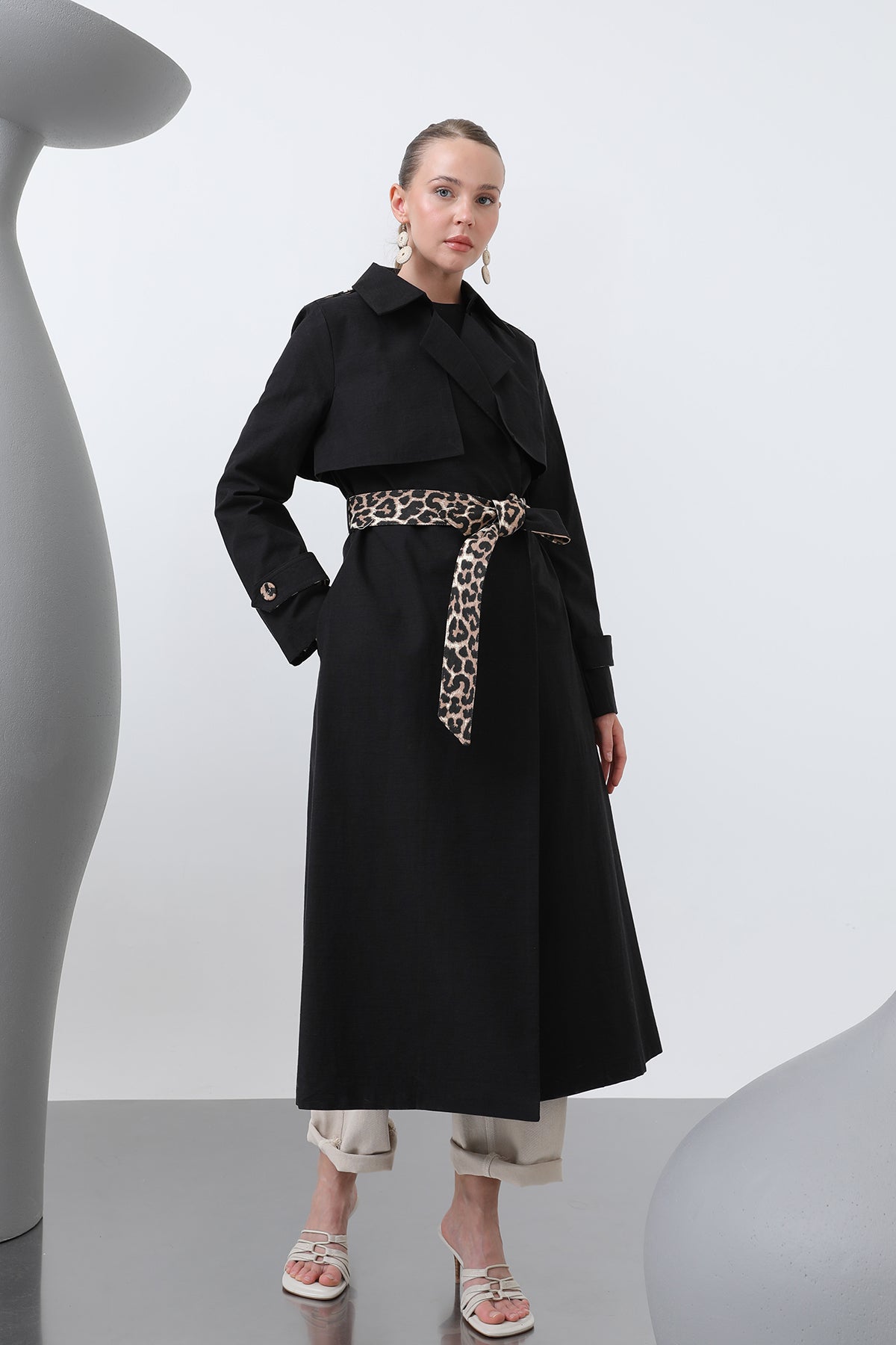 Kadın Leopar Garnili Trench - 32113TRC - BLACK