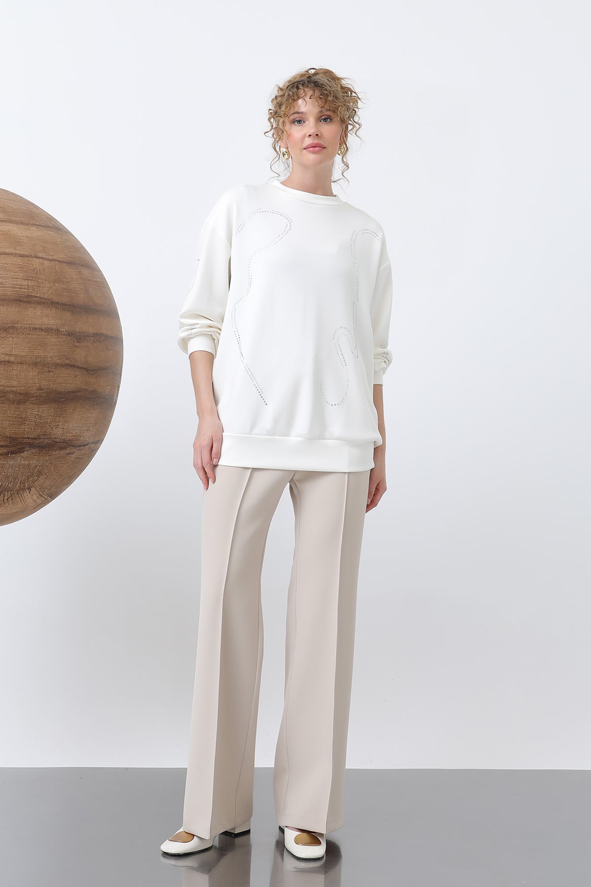 Kadın Taşlı Basic Sweat -32117SWT - ECRU