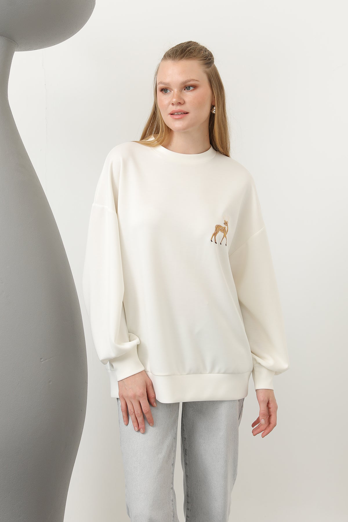 Kadın Arkası Geyikli Sweat - 32118SWT - ECRU