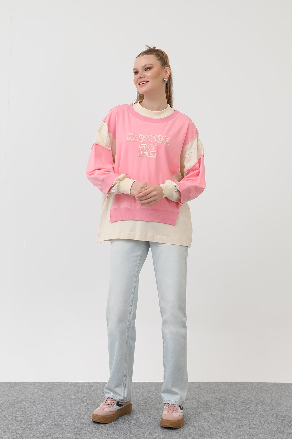 Kadın Önü Nakışlı Sweat - 32121SWT - BEIGE-PINK
