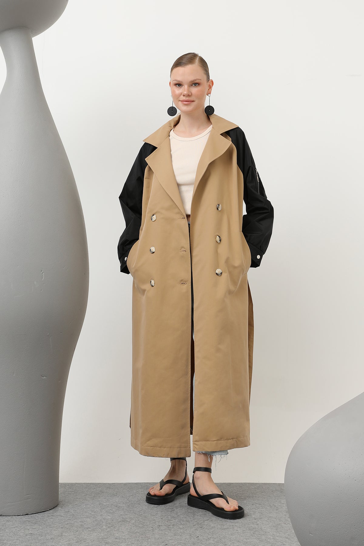 Kadın Kol Fermuar Detaylı Trench - 32138TRC - CAMEL-BLACK