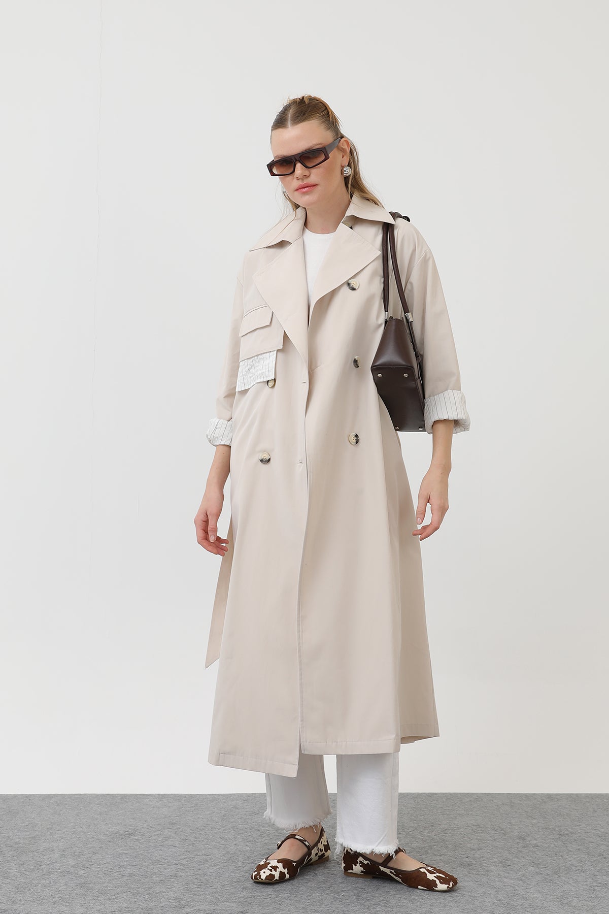Kadın Garni Çizgili Detaylı Trench - 32141TRC - BEIGE-ECRU
