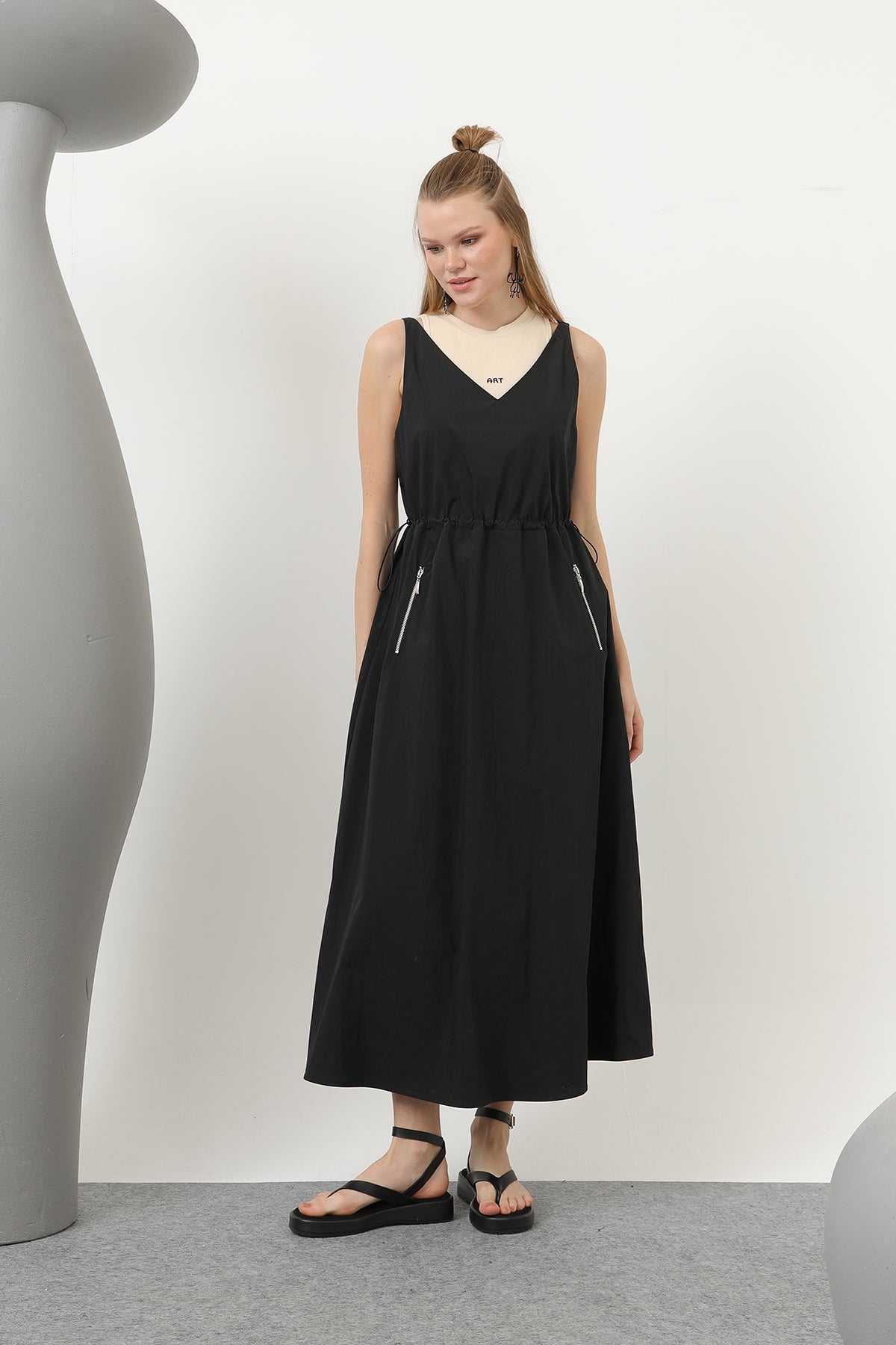 Bel Lastikli Nakış Detaylı Elbise - 32147ELB - BLACK-BEIGE