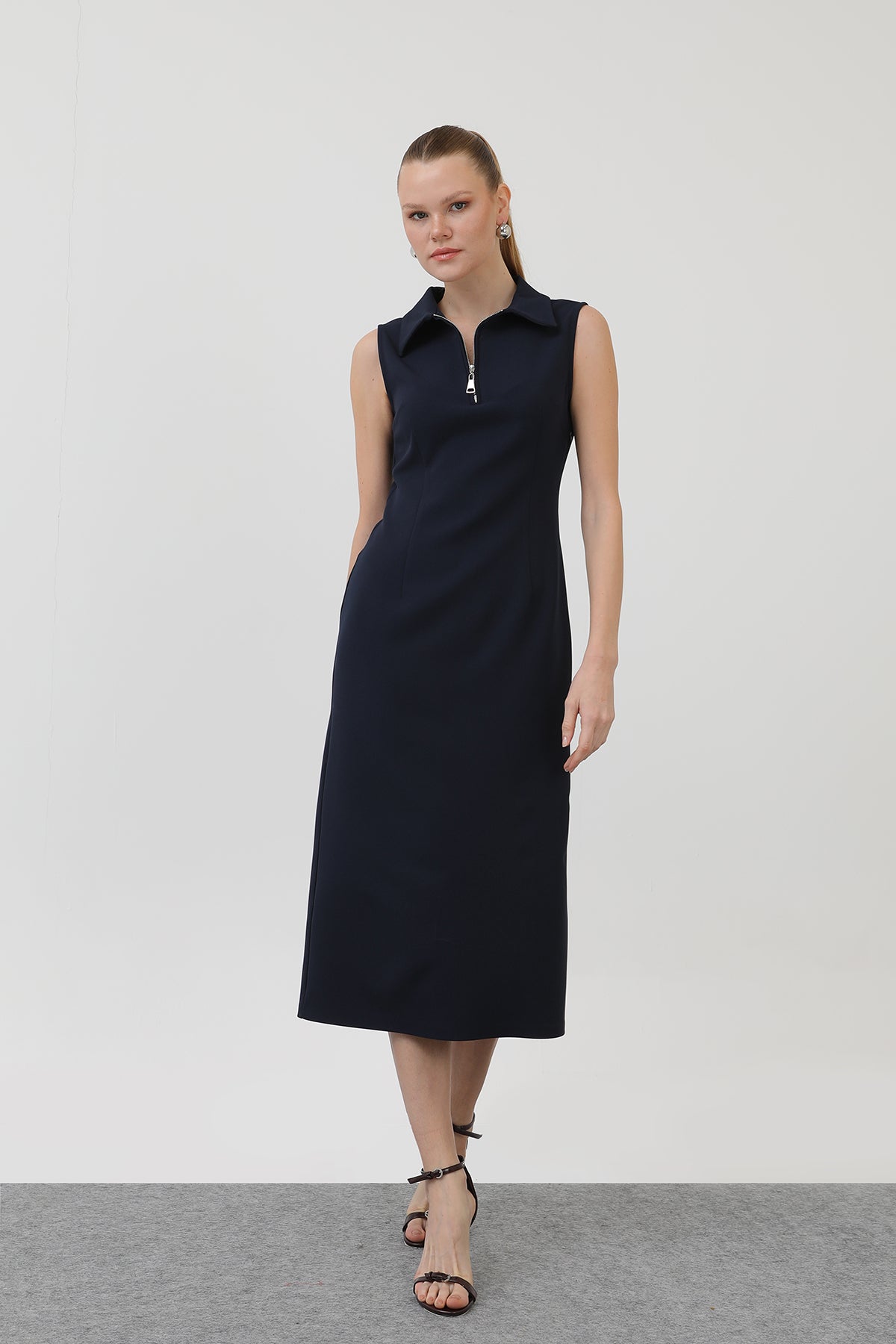 Kadın Fermuar Detaylı Midi Elbise - 32149ELB - NAVY