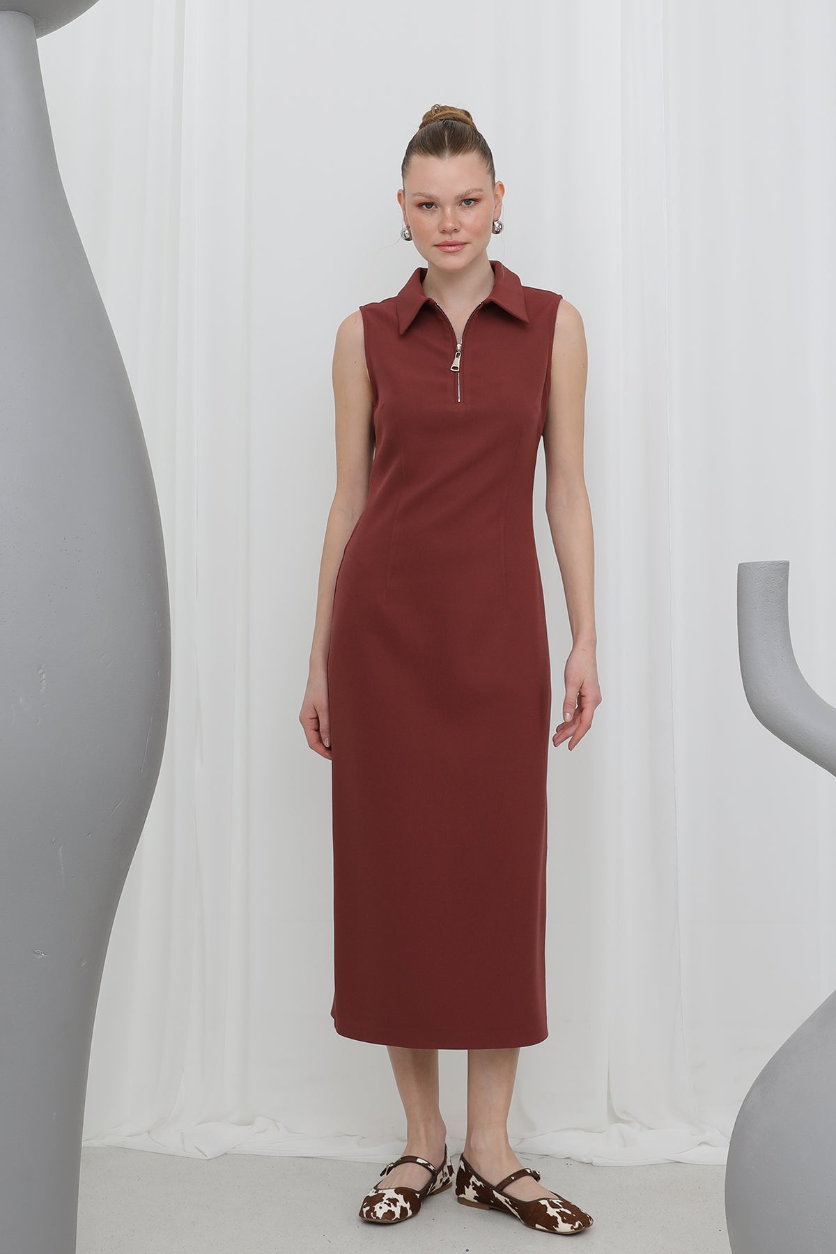 Kadın Fermuar Detaylı Midi Elbise - 32149ELB - BURGUNDY