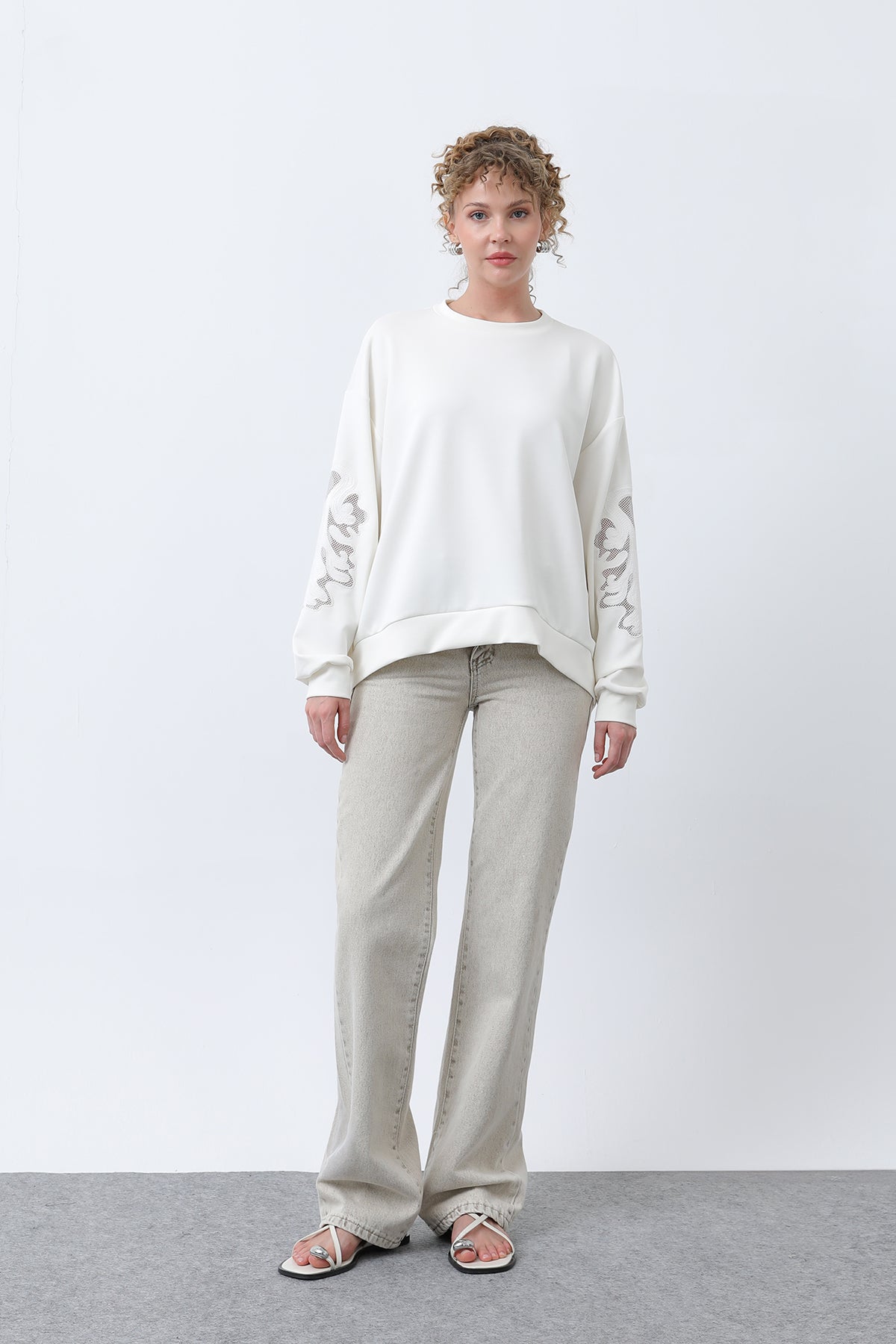 Kadın Kollar File Nakışlı Sweatshirt - ECRU